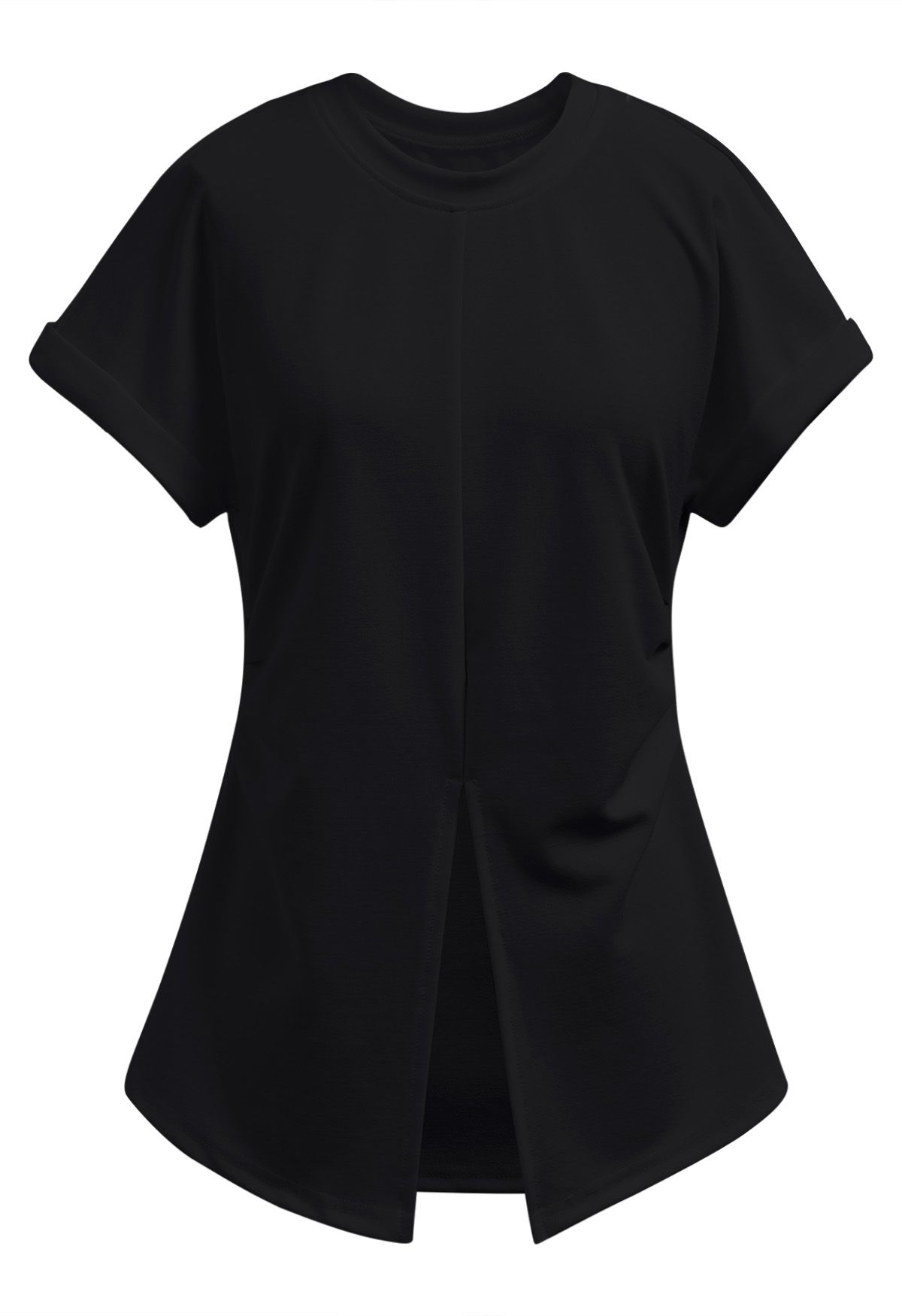 Camiseta con dobladillo dividido fruncido en negro