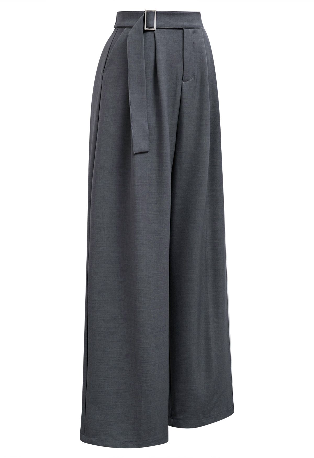 Pantalones anchos de cintura alta con cinturón liso en gris