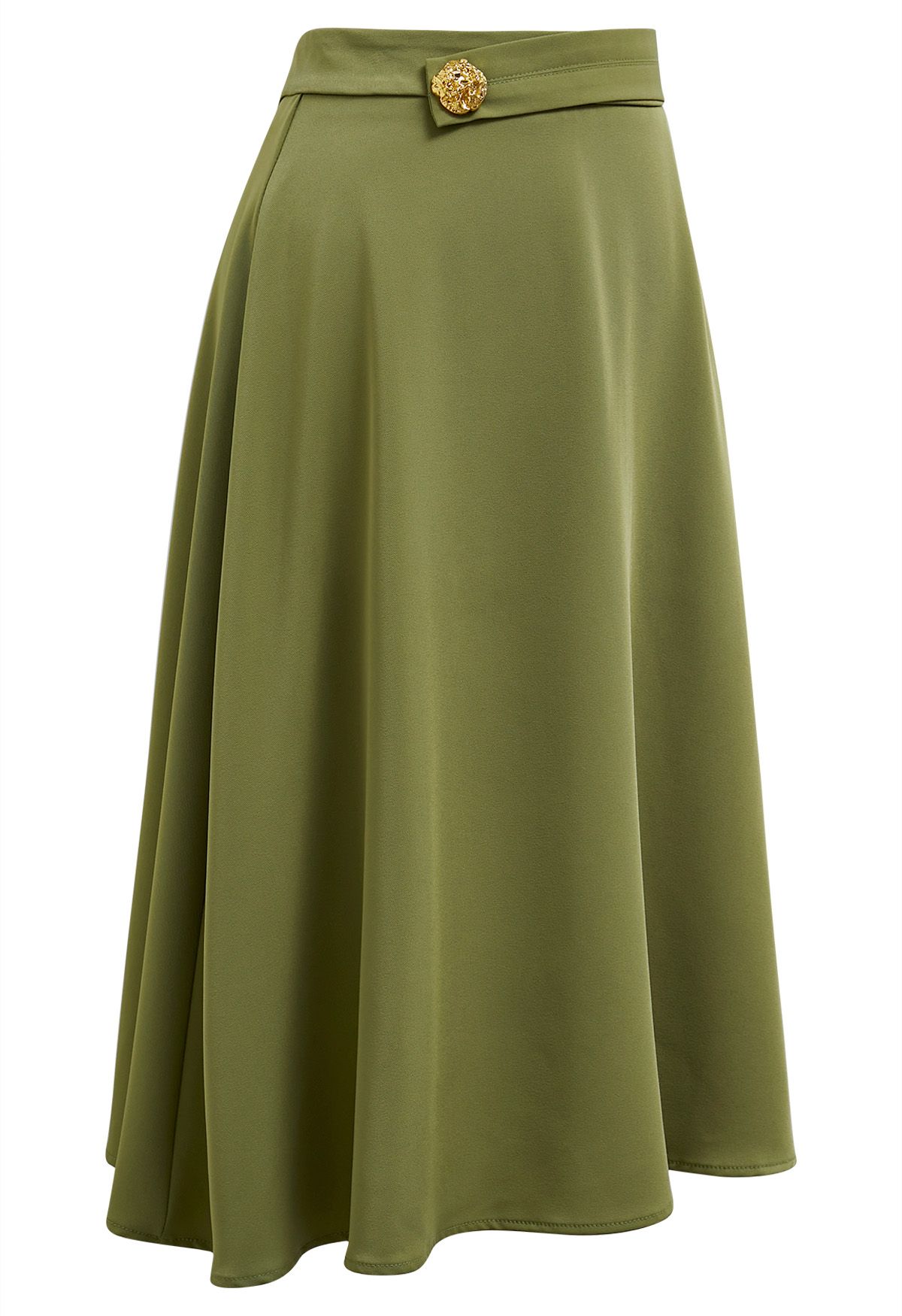 Falda midi con adornos de botones dorados en verde musgo