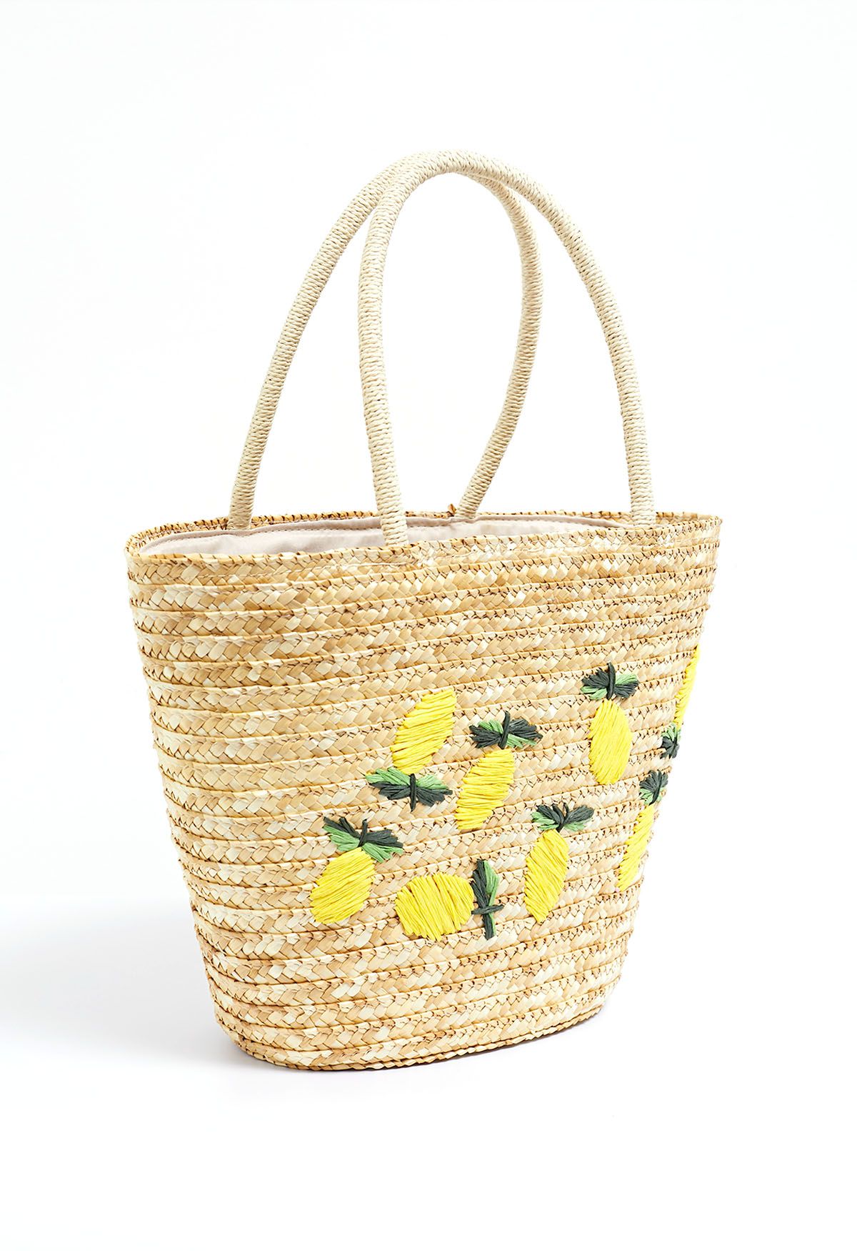 Bolso de playa de paja tejido hecho a mano con patrón de limón