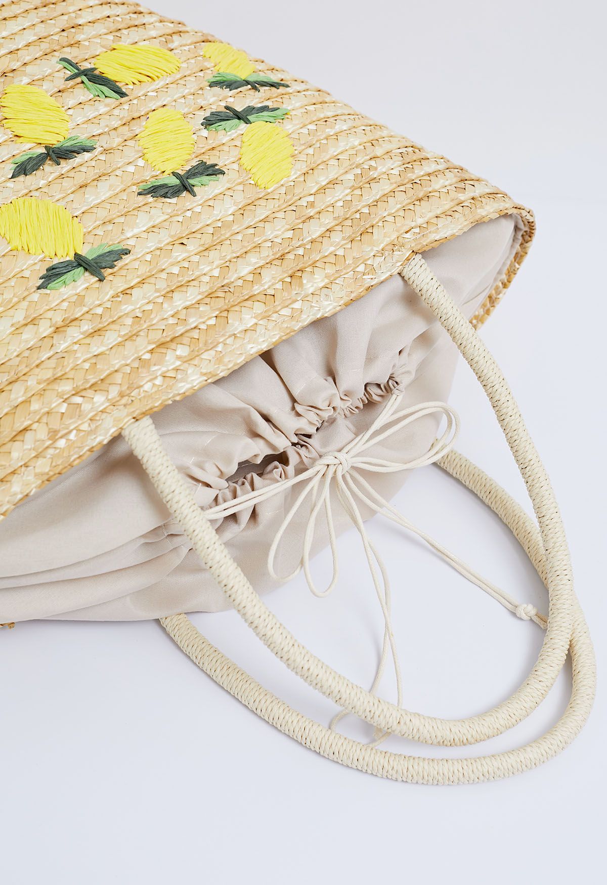 Bolso de playa de paja tejido hecho a mano con patrón de limón