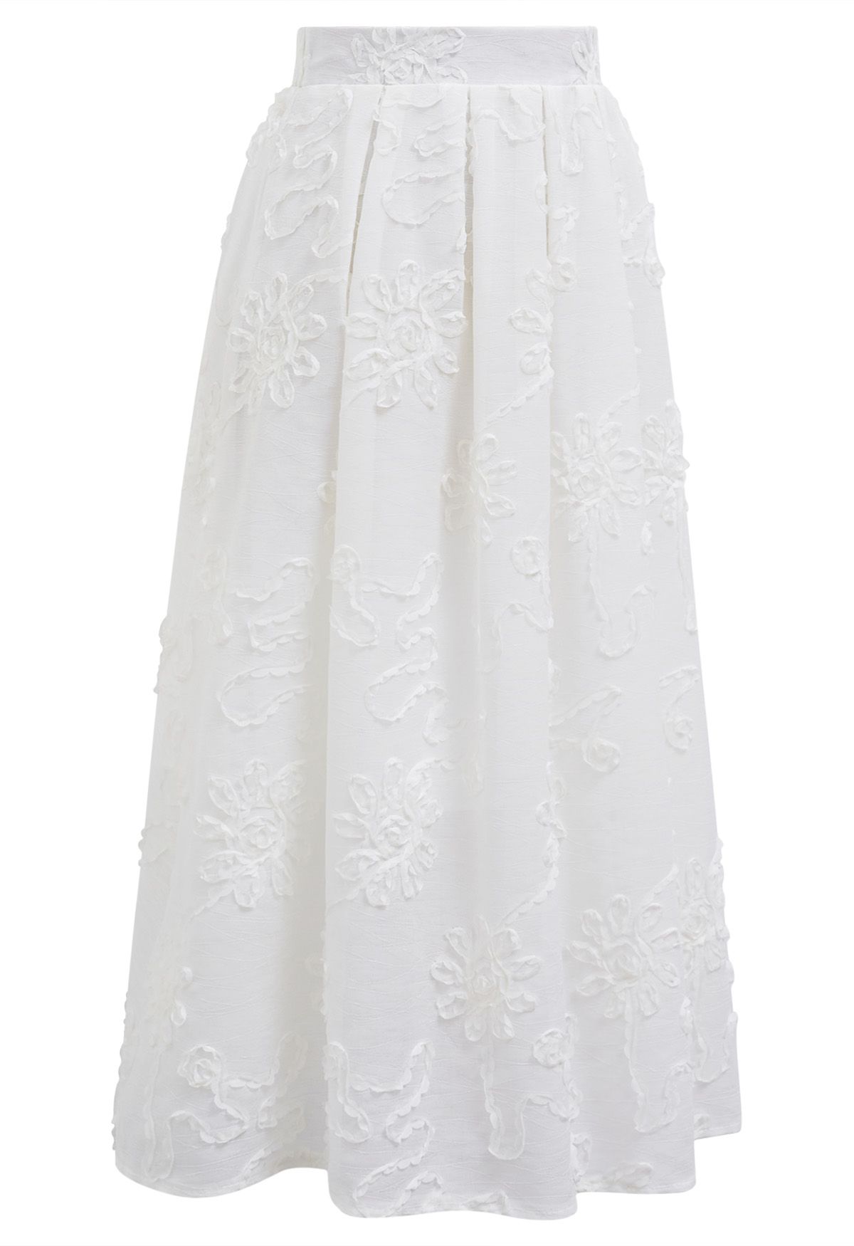 Falda midi plisada de jacquard floral y tallo en blanco