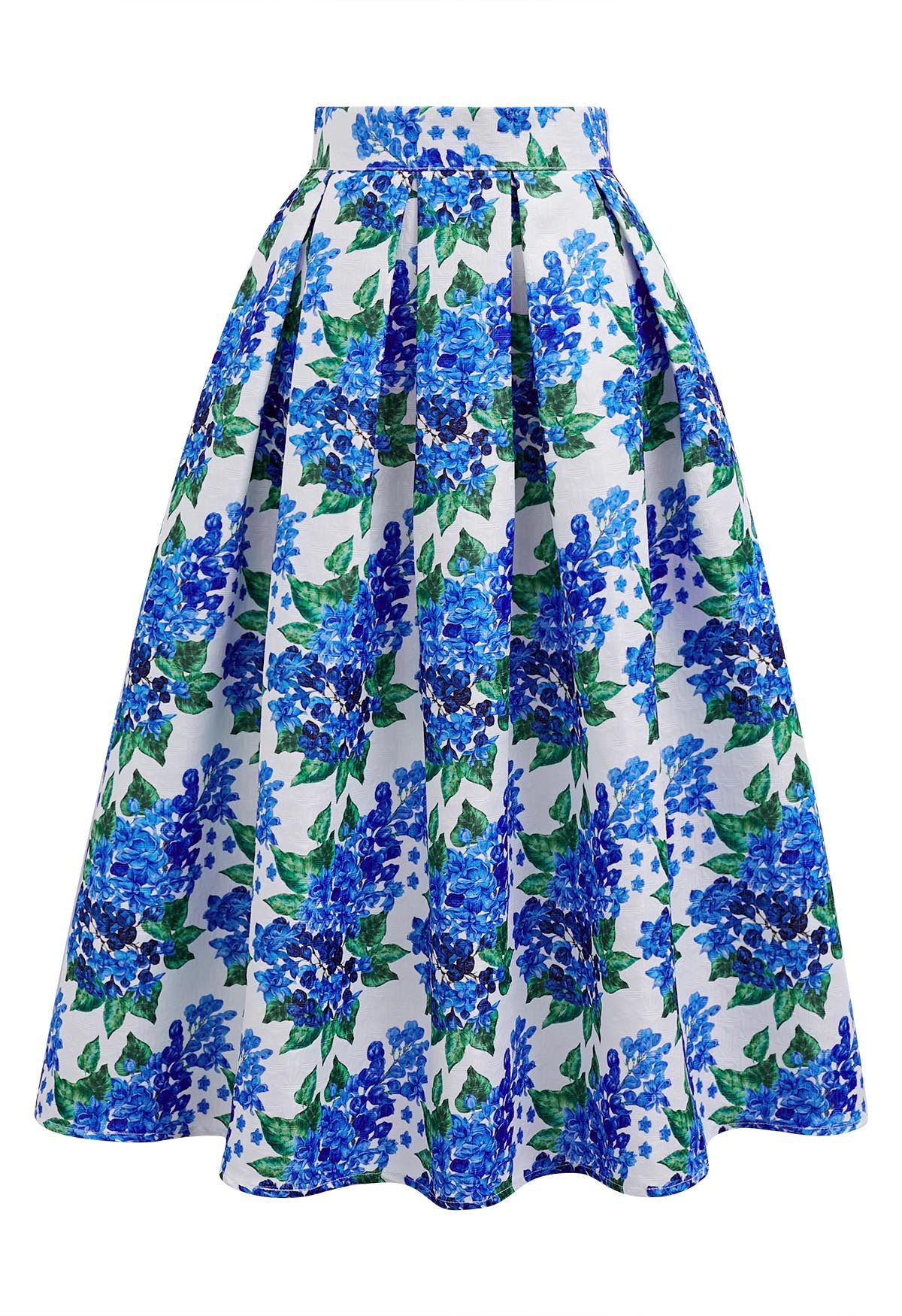 Falda midi plisada con estampado floral azul