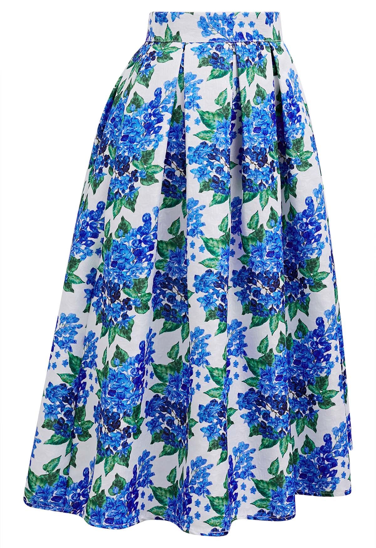 Falda midi plisada con estampado floral azul