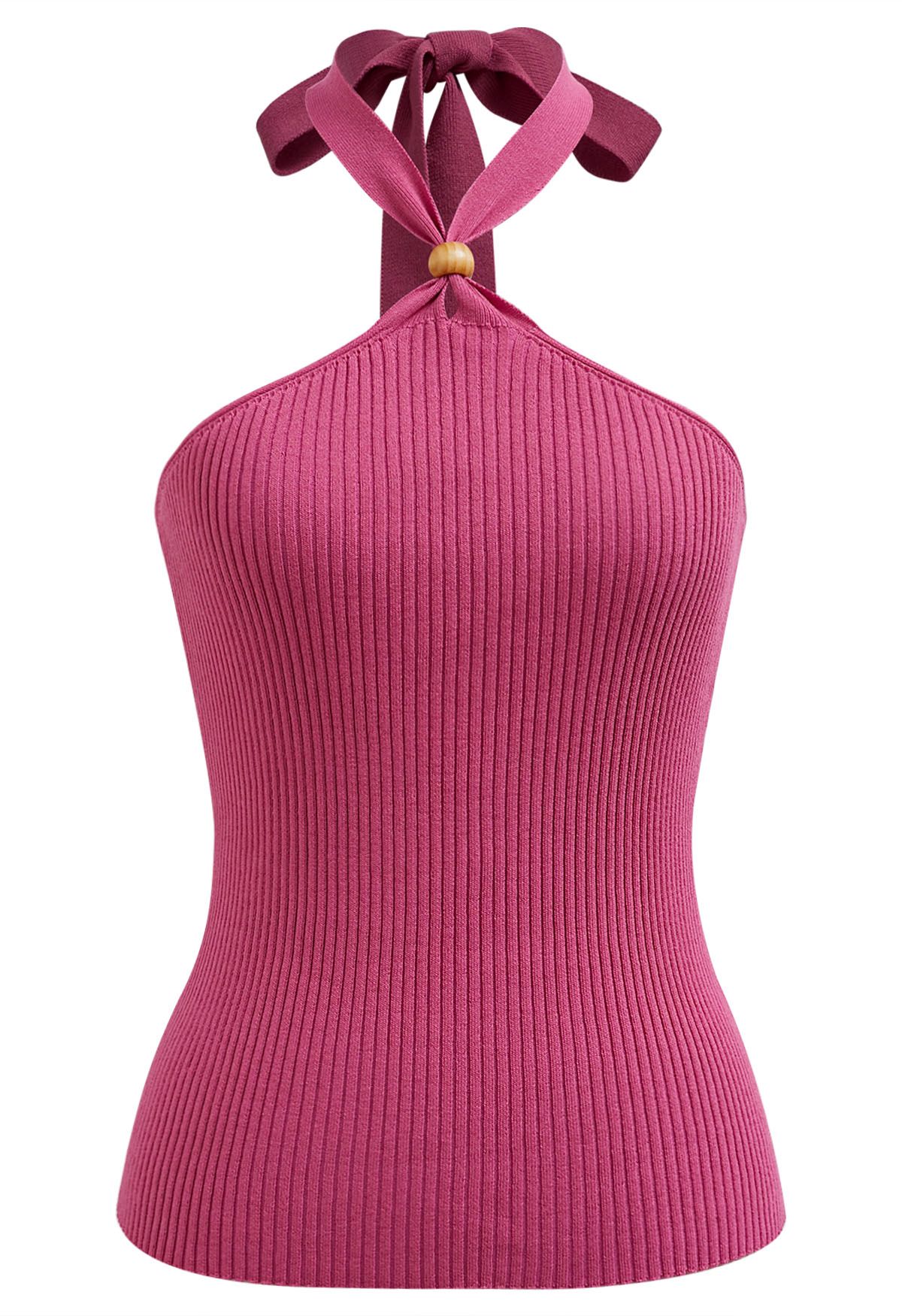 Top de punto con cuello halter y decoración de cuentas de madera en rosa fuerte