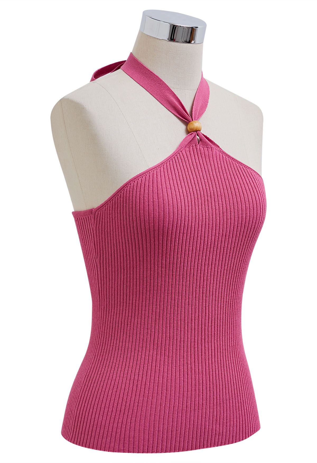 Top de punto con cuello halter y decoración de cuentas de madera en rosa fuerte