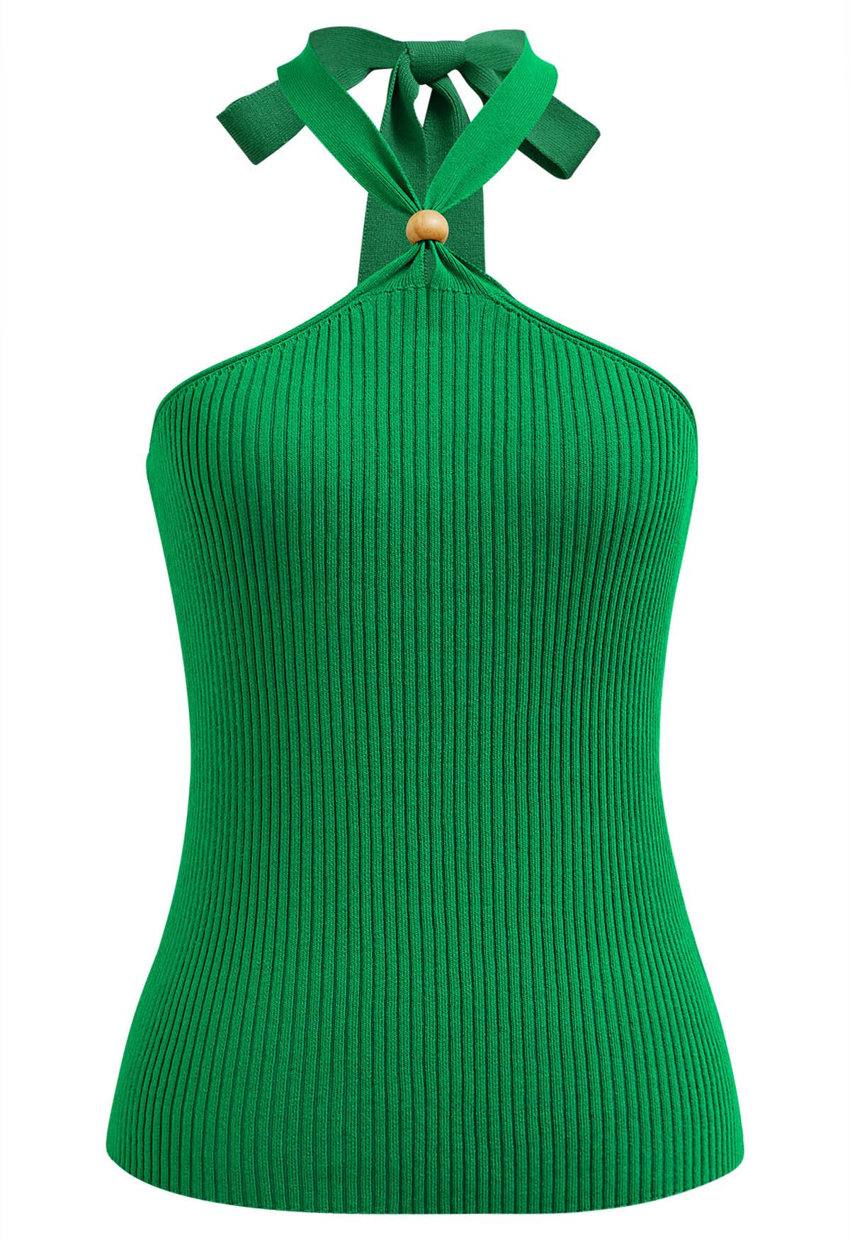 Top de punto con cuello halter y decoración de cuentas de madera en verde