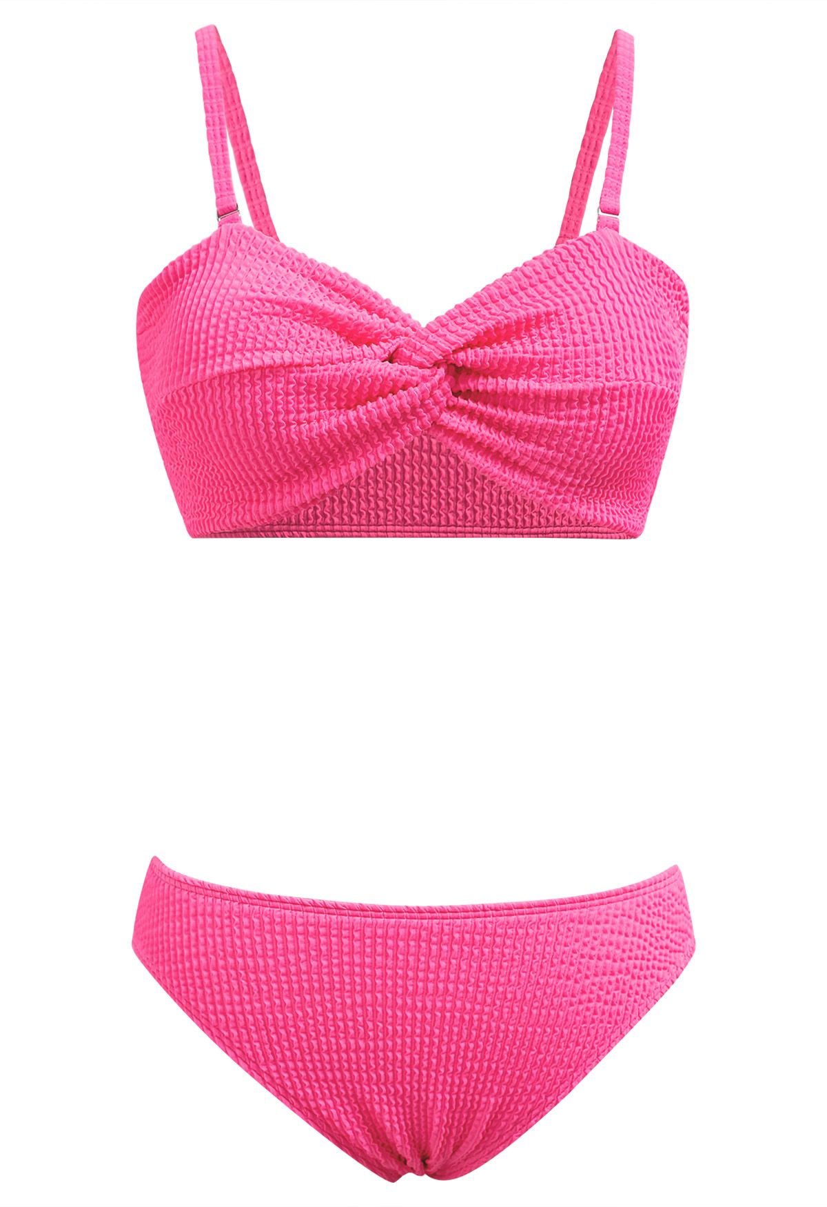 Conjunto de bikini torcido con textura ondulada de tres piezas en rosa fuerte