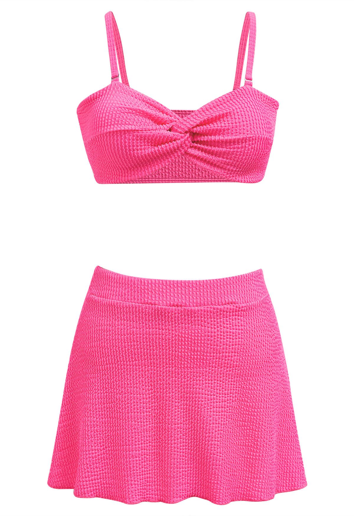 Conjunto de bikini torcido con textura ondulada de tres piezas en rosa fuerte