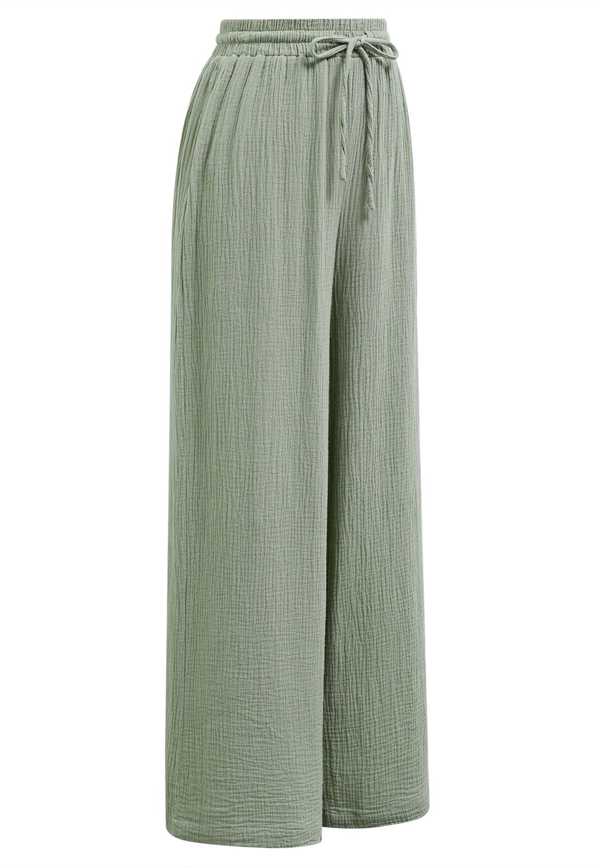 Pantalones ligeros de algodón con cordón en verde guisante