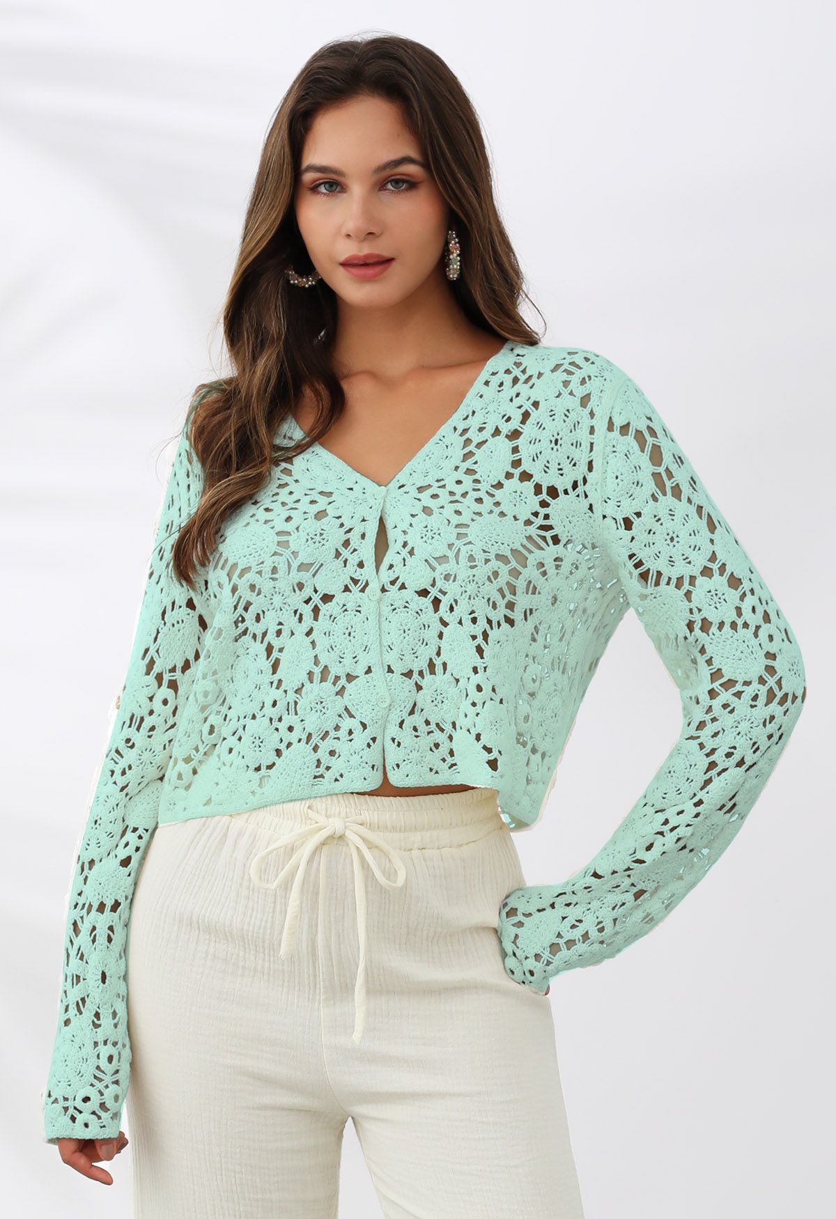 Cárdigan de crochet estilo bohemio en menta