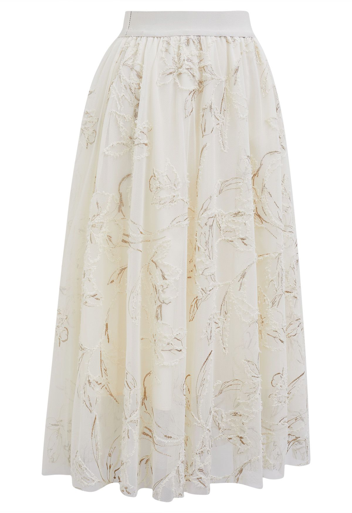 Falda midi de malla floral borrosa con hilo metálico en color crema