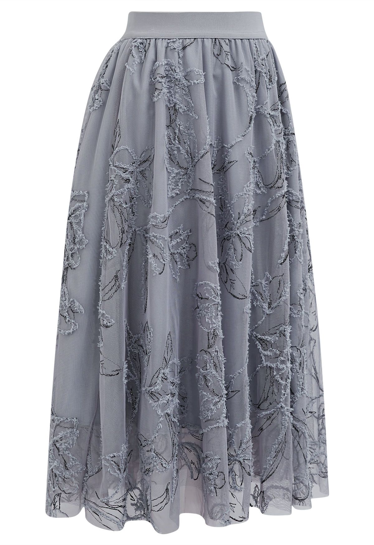 Falda midi de malla floral borrosa con hilo metálico en gris