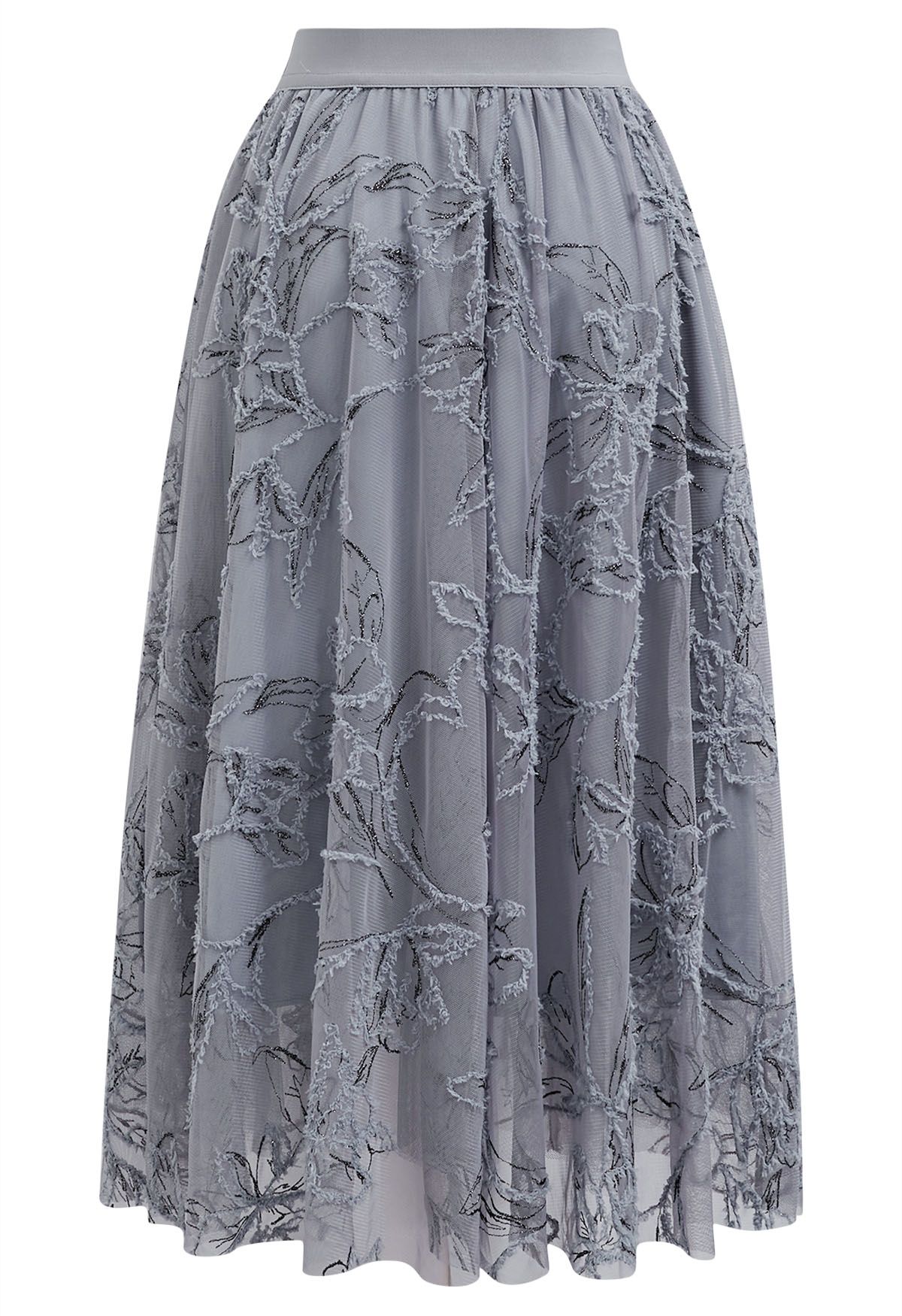 Falda midi de malla floral borrosa con hilo metálico en gris