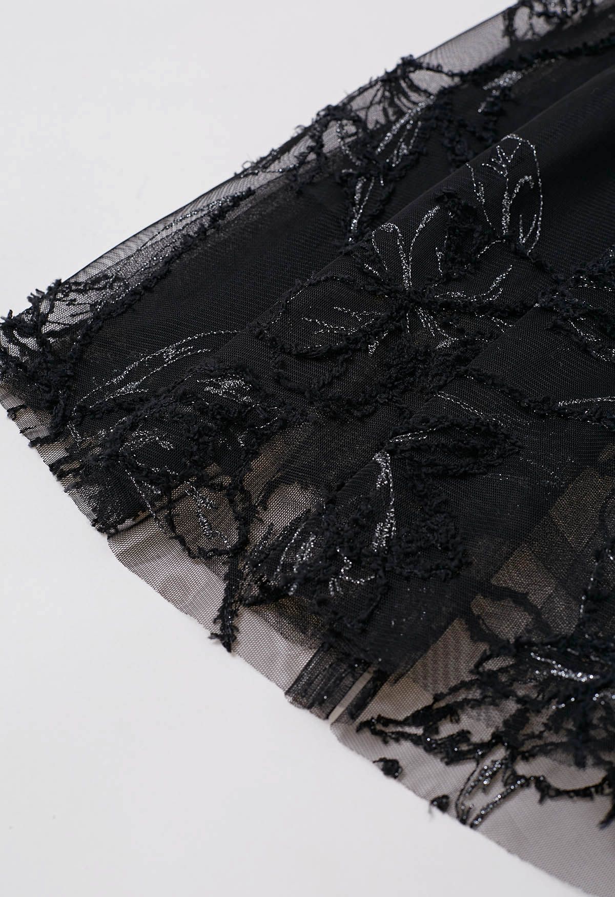 Falda midi de malla floral difusa con hilo metálico en negro