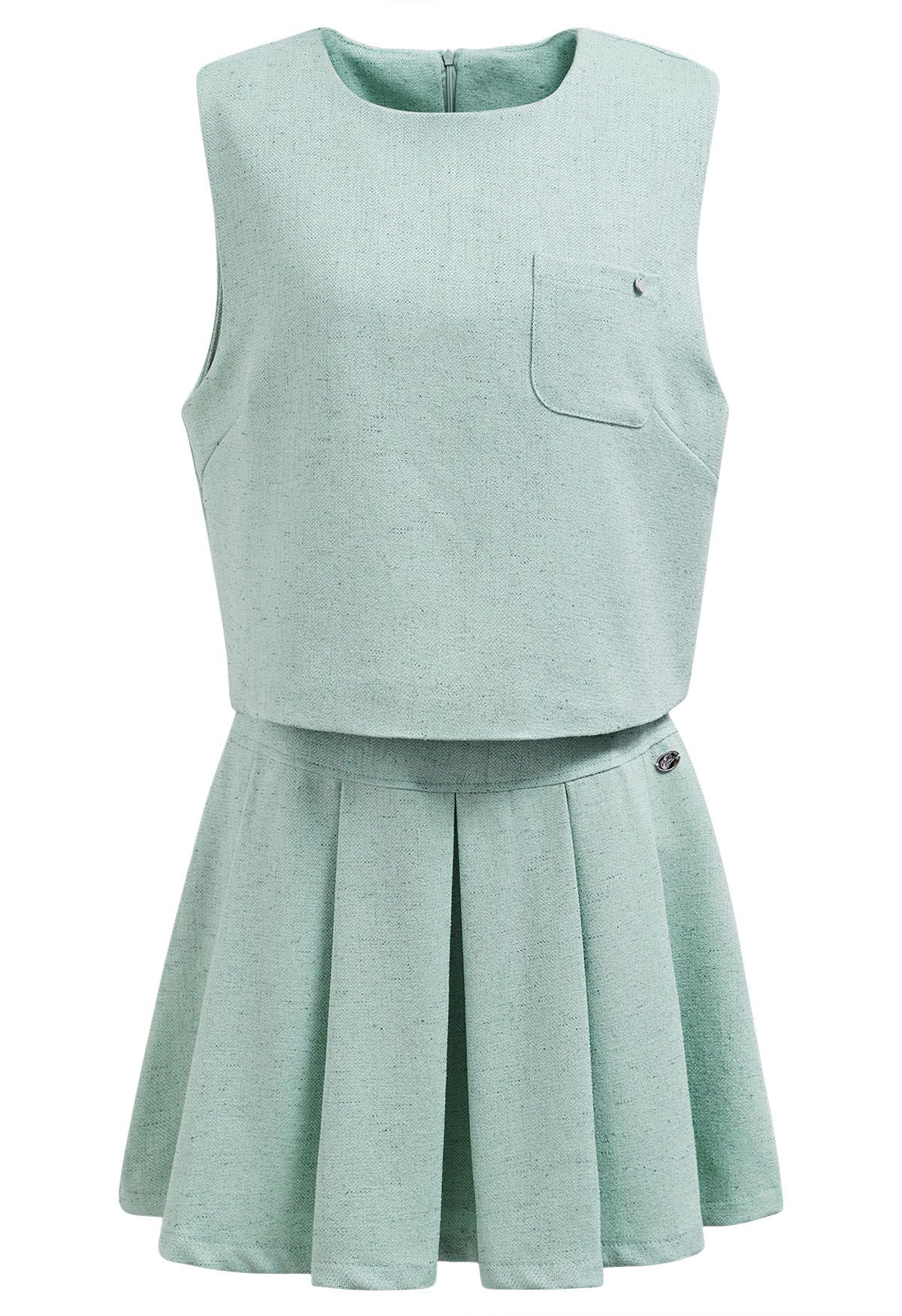 Conjunto elegante de top sin mangas de tweed y minifalda plisada en color menta