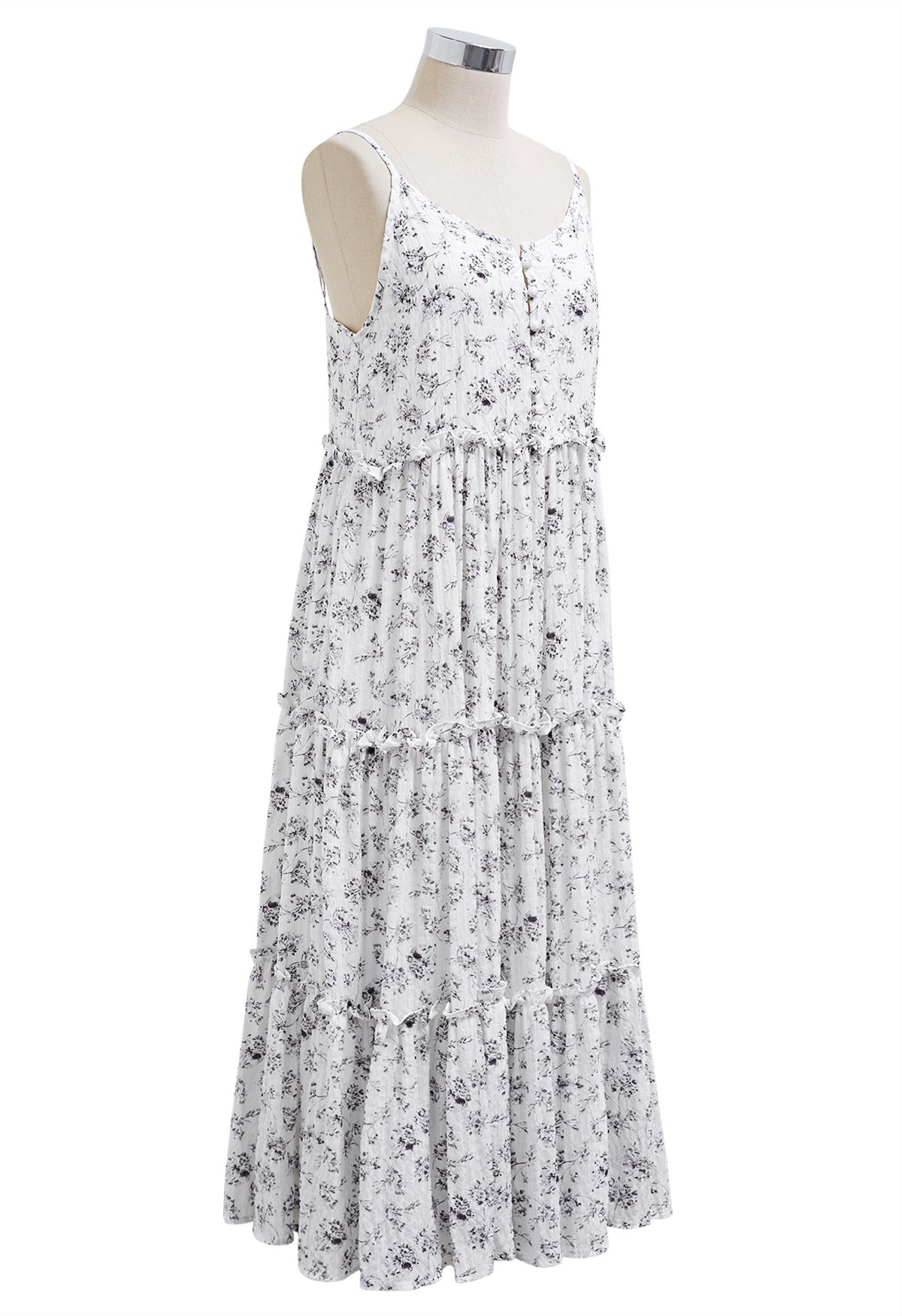 Vestido midi camisero con ribete de volantes y botones en la parte delantera floral en blanco