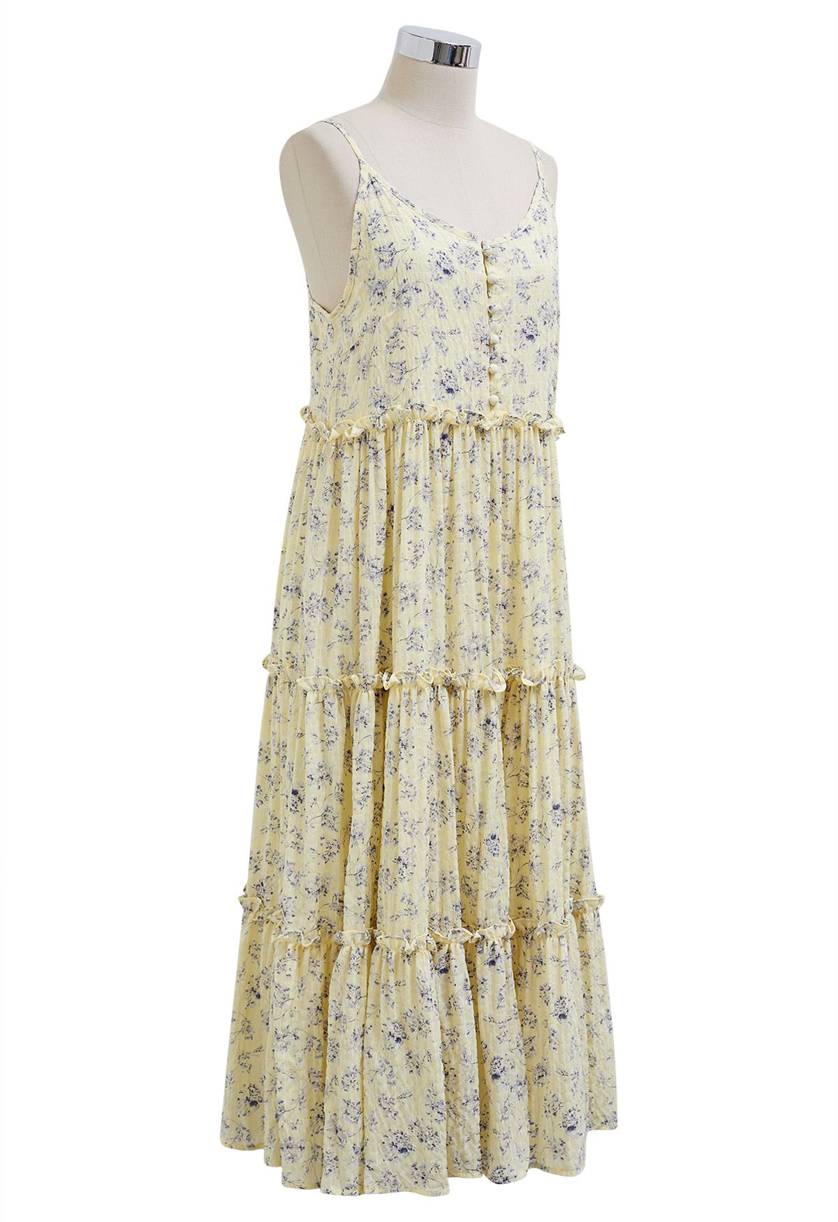 Vestido midi camisola con ribete de volantes y botones en la parte delantera floral en amarillo claro