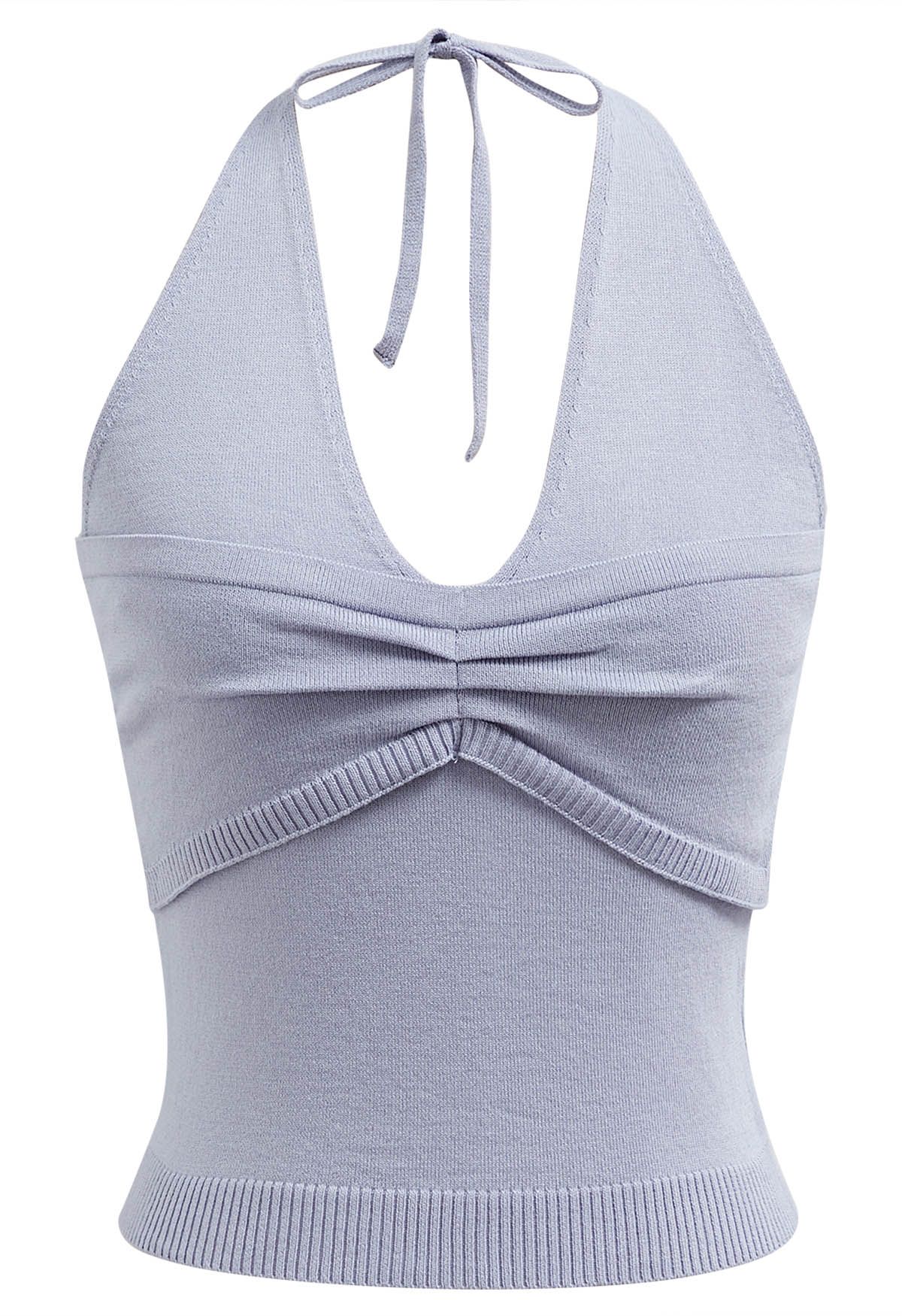 Top de punto con escote halter y detalle de pinzas en lavanda