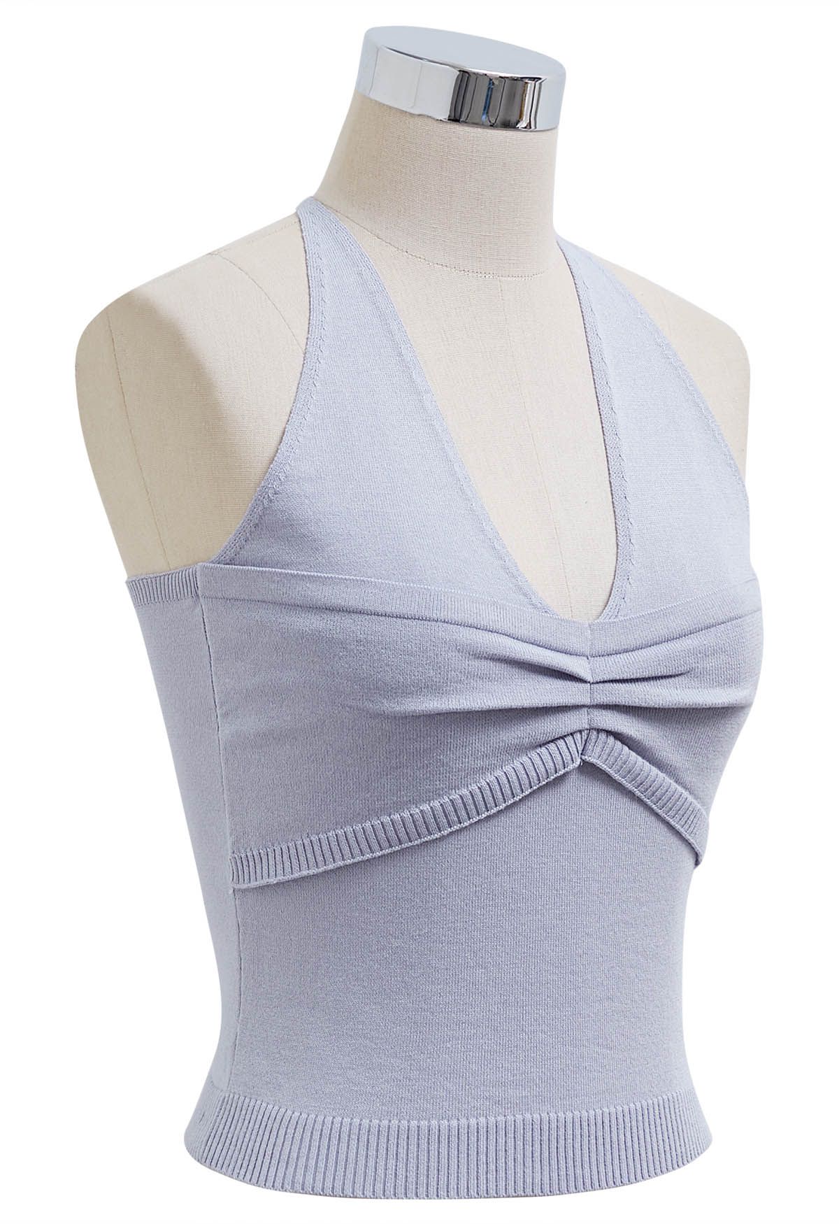 Top de punto con escote halter y detalle de pinzas en lavanda