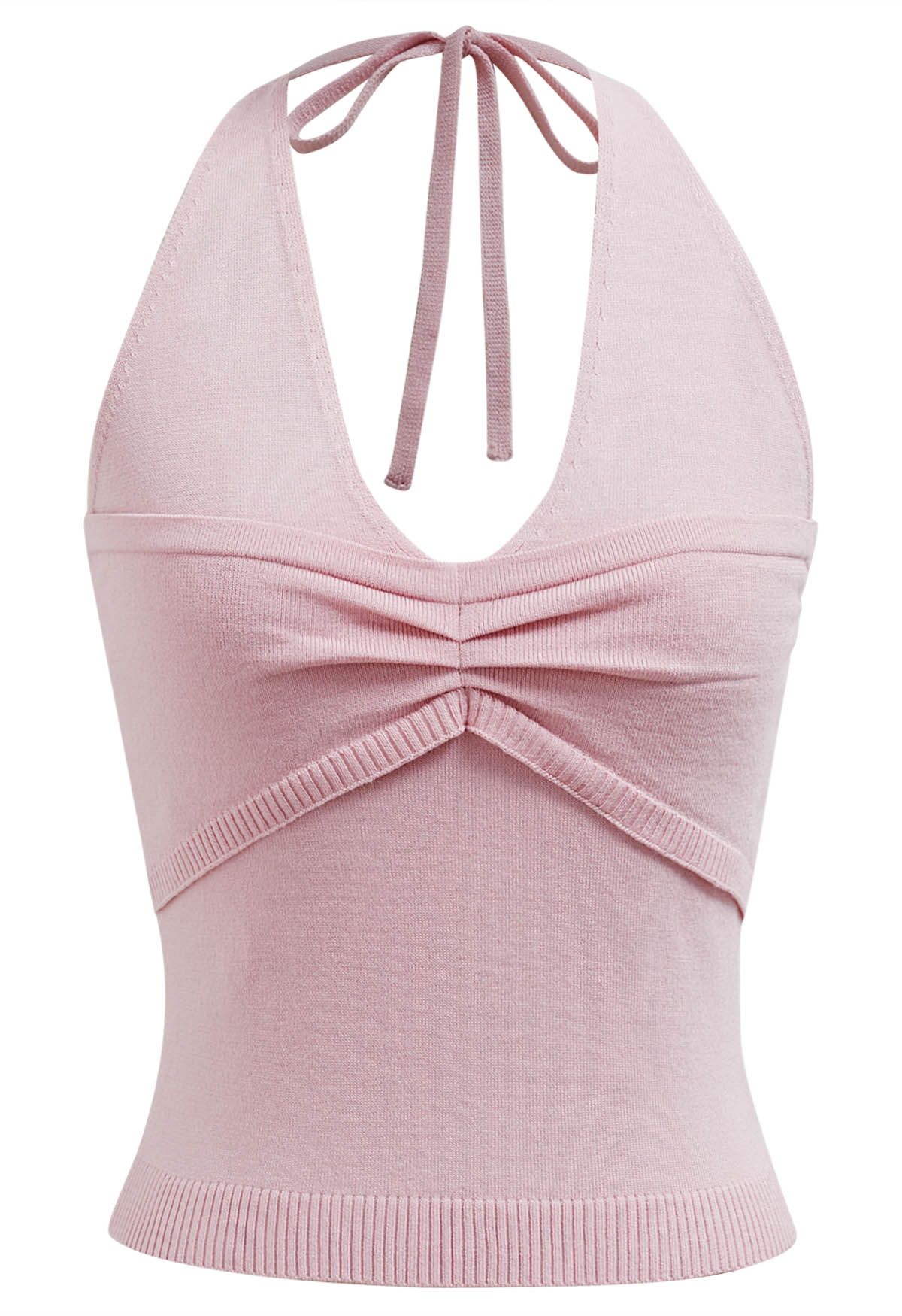 Top de punto con escote halter y detalle de pinzas en rosa