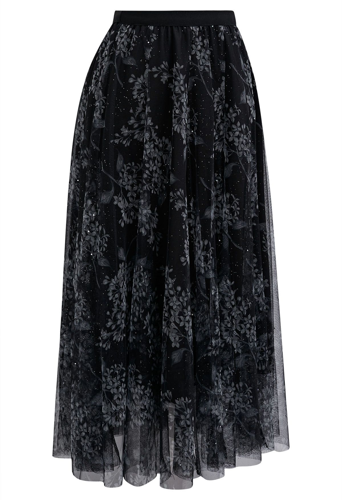 Falda midi de tul de malla floral brillante en negro