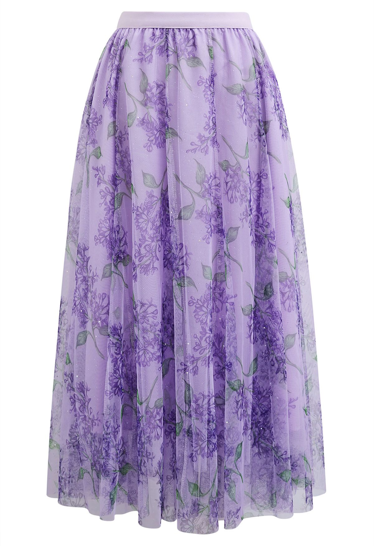 Falda midi de tul de malla floral brillante en morado