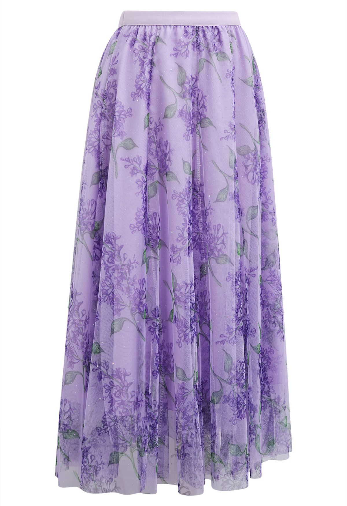 Falda midi de tul de malla floral brillante en morado