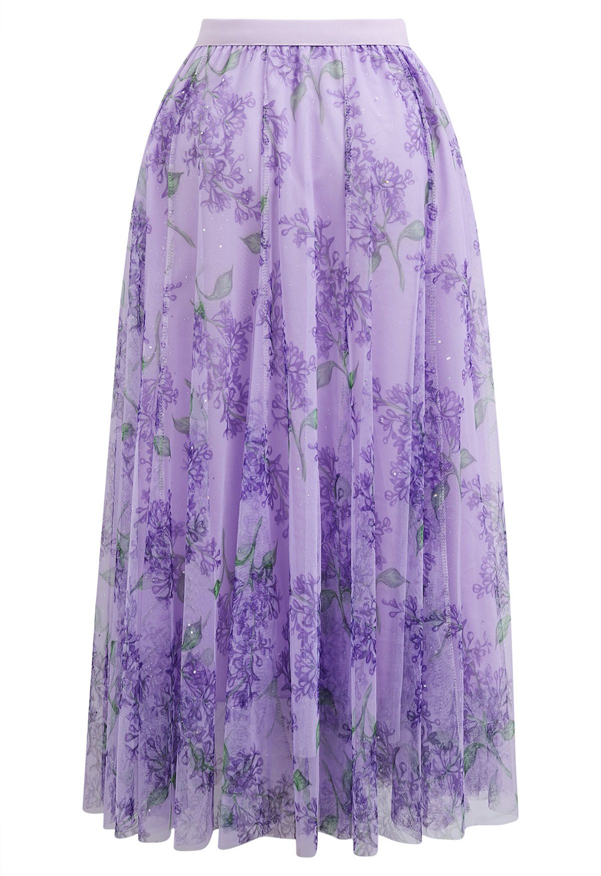 Falda midi de tul de malla floral brillante en morado