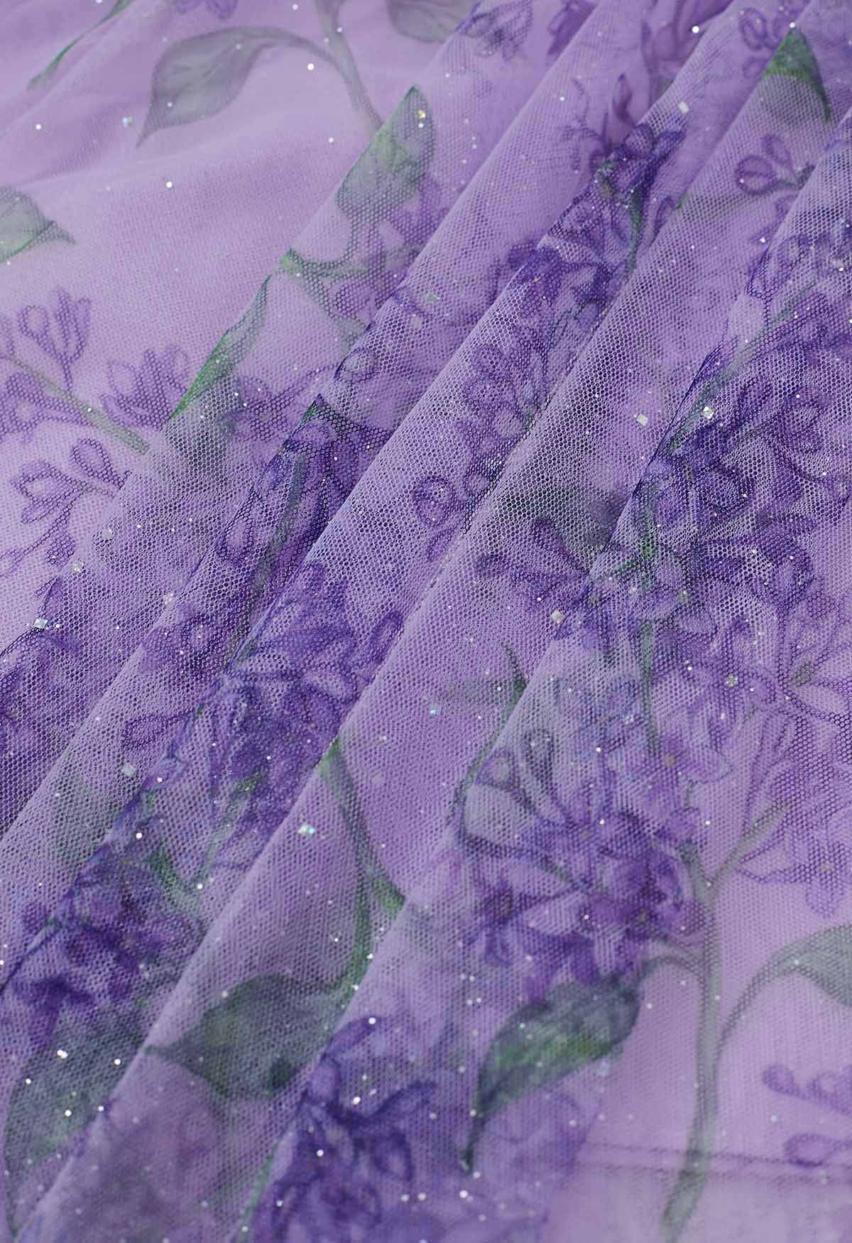 Falda midi de tul de malla floral brillante en morado