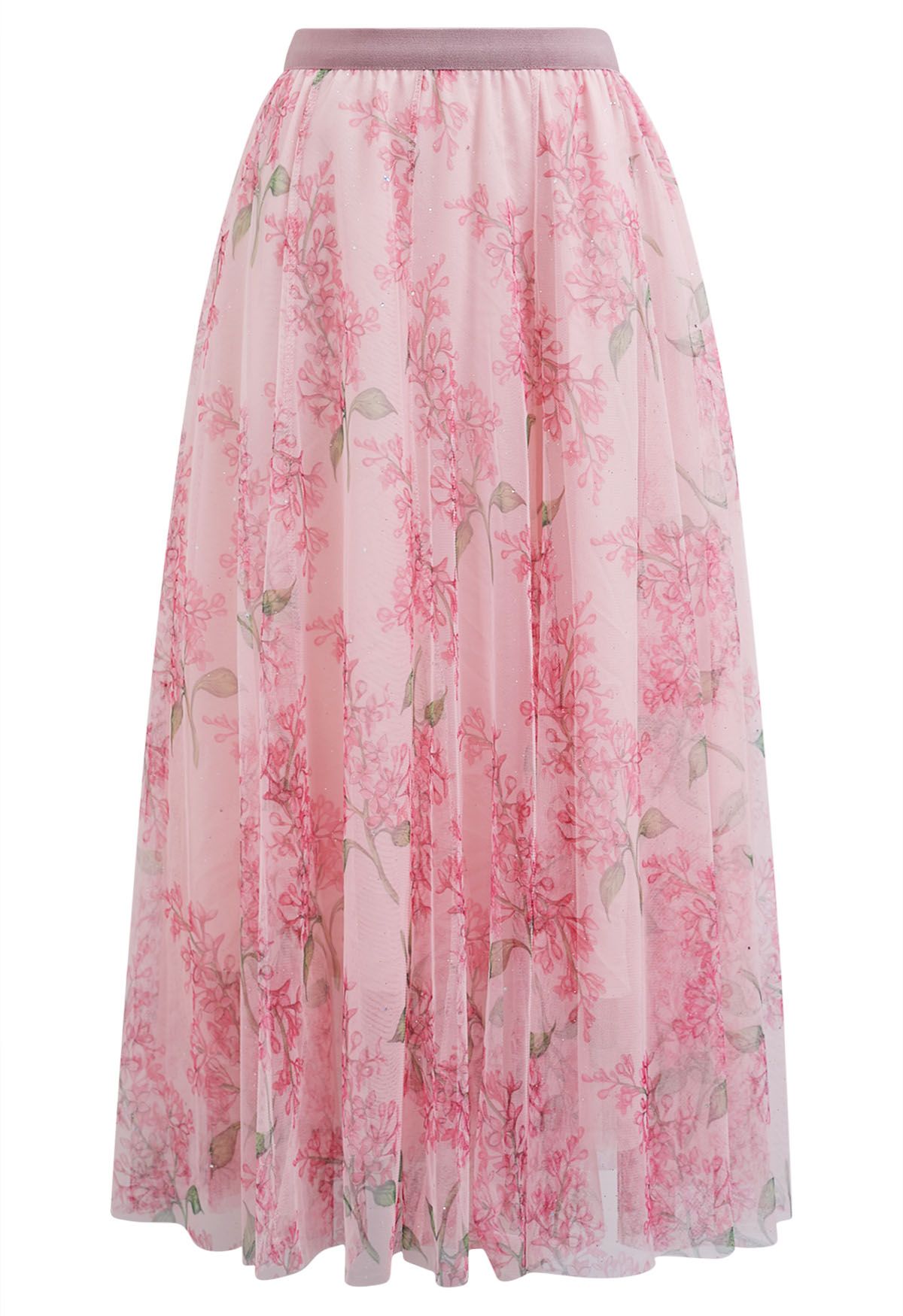 Falda midi de tul de malla floral brillante en rosa