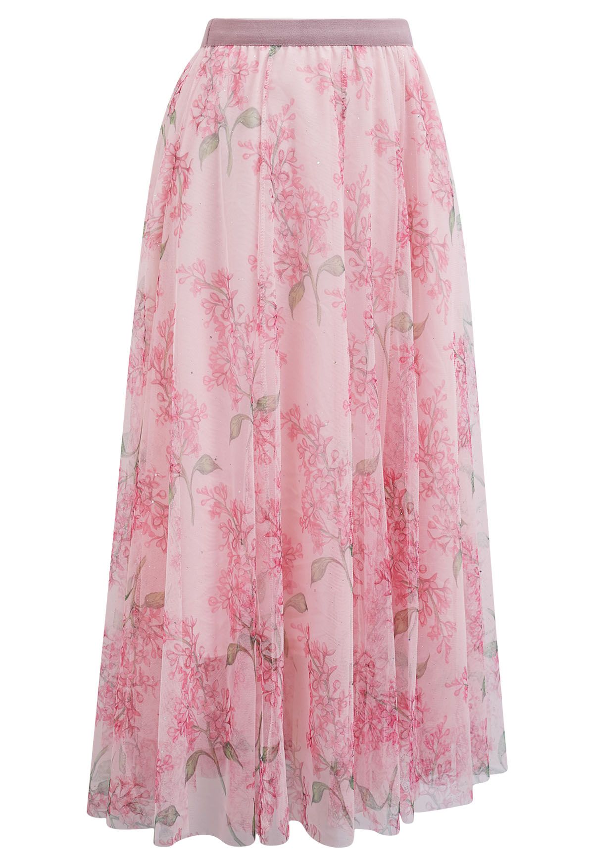 Falda midi de tul de malla floral brillante en rosa