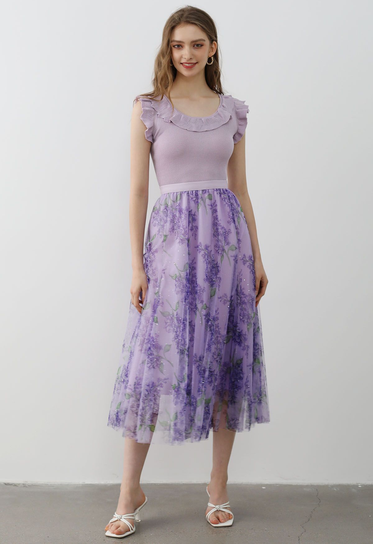 Falda midi de tul de malla floral brillante en morado