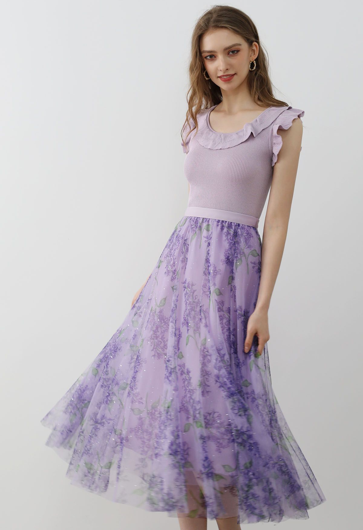 Falda midi de tul de malla floral brillante en morado