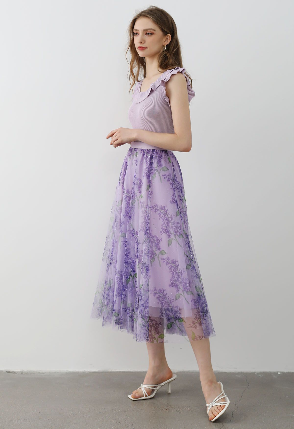 Falda midi de tul de malla floral brillante en morado