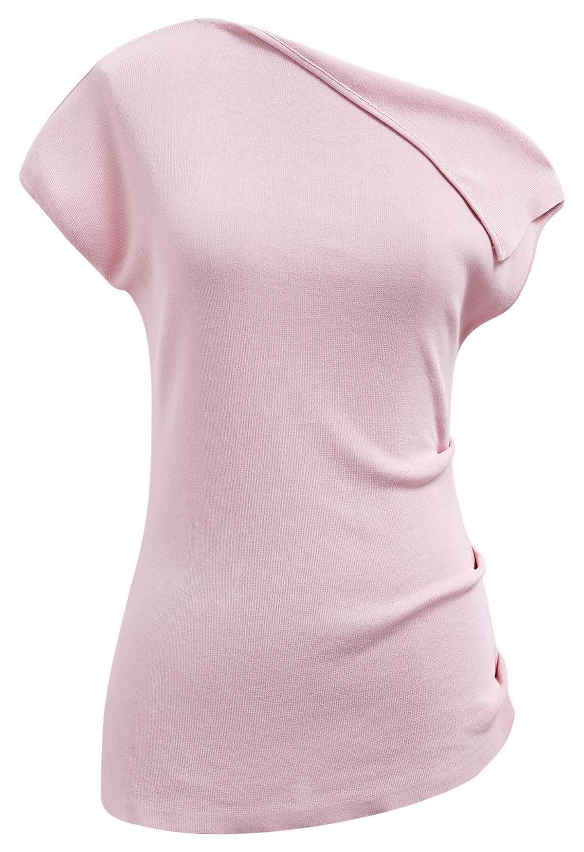 Top de punto asimétrico con cuello doblado en rosa