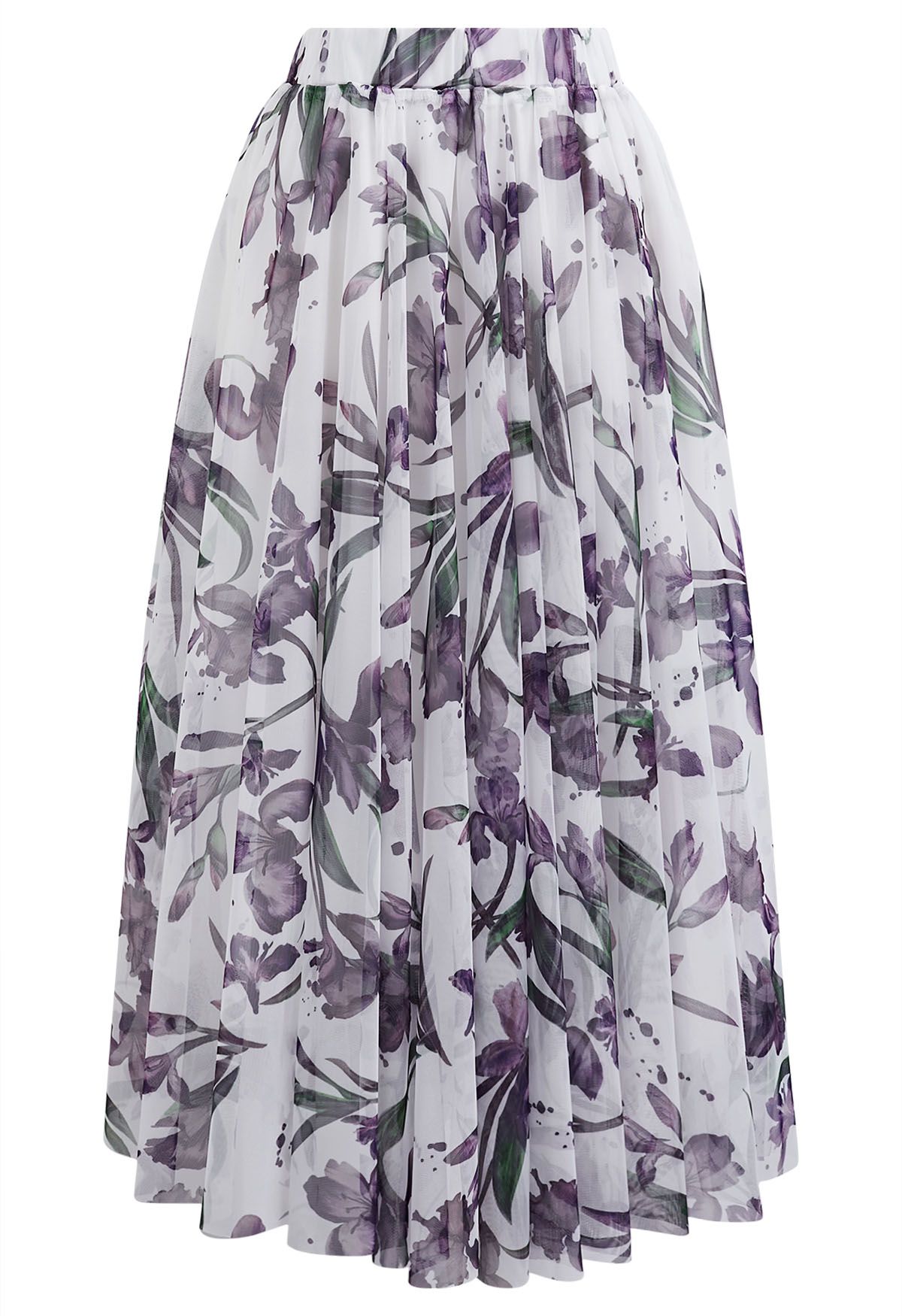 Falda midi de tul de malla con estampado floral morado