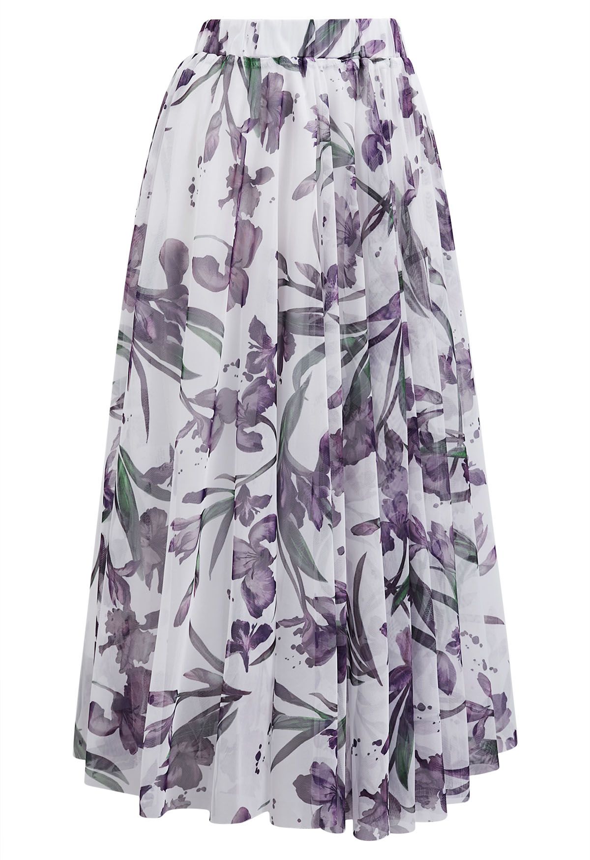 Falda midi de tul de malla con estampado floral morado