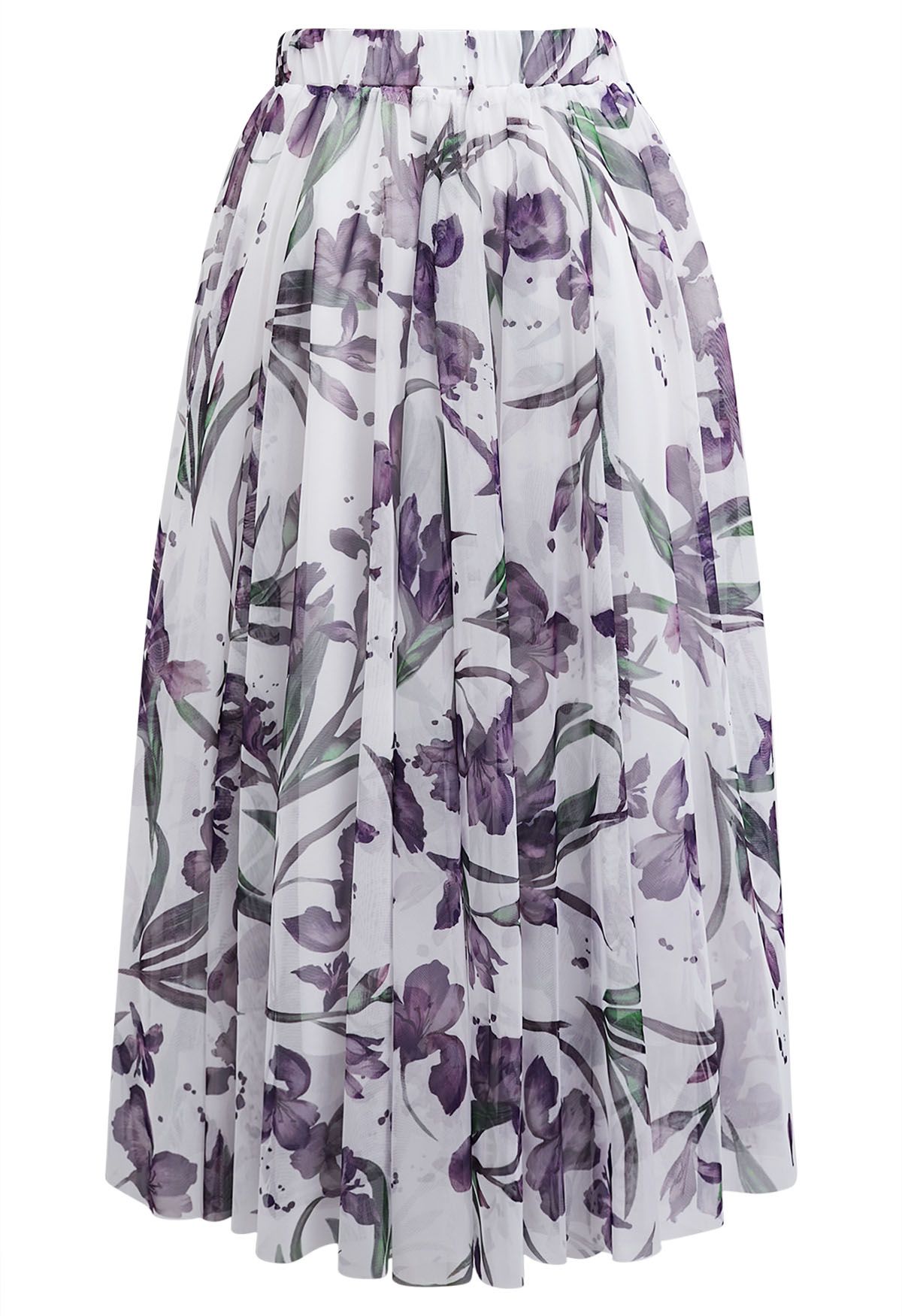 Falda midi de tul de malla con estampado floral morado