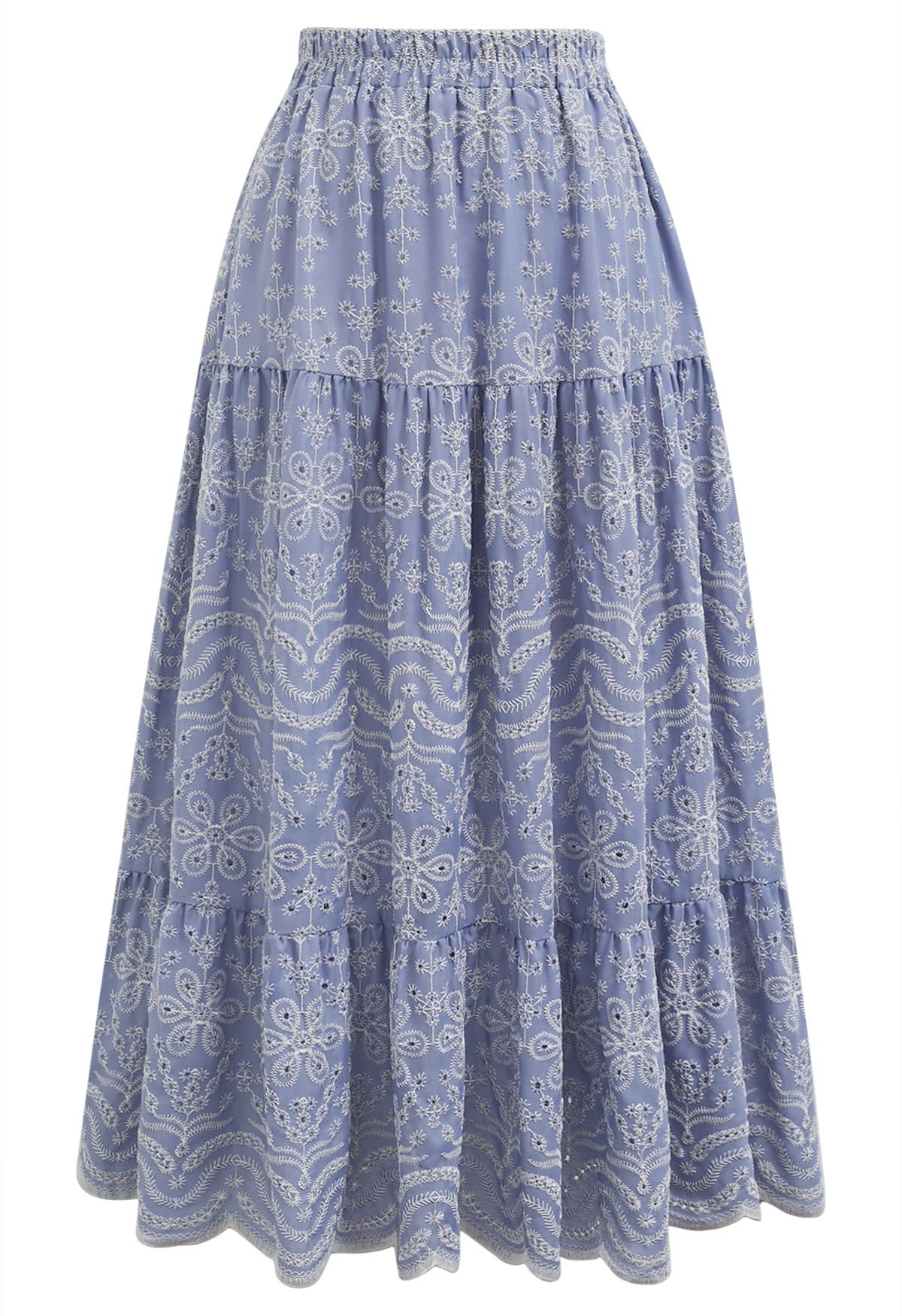 Elegante falda midi floral bordada azul