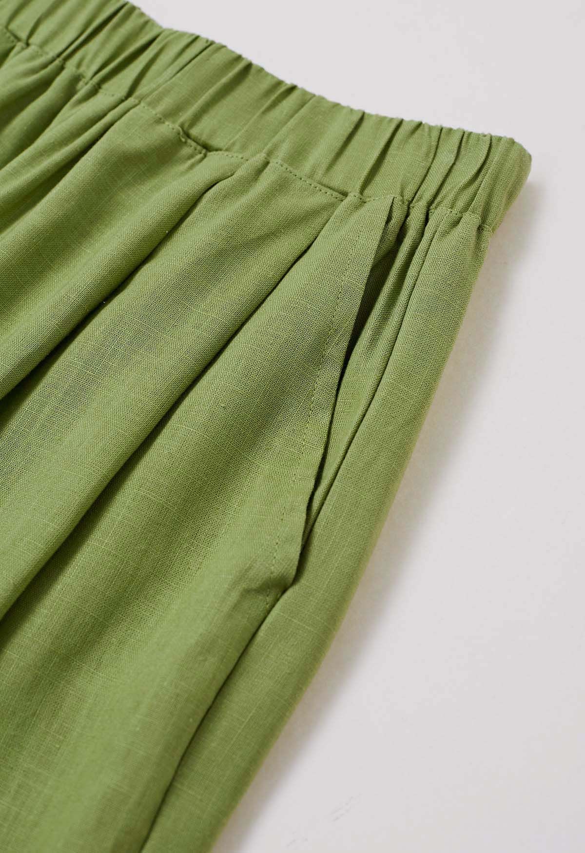 Pantalones anchos de mezcla de lino con bolsillo lateral en verde