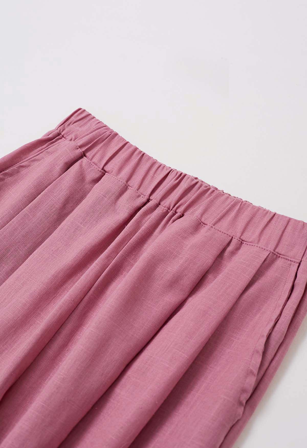 Pantalones anchos de mezcla de lino con bolsillo lateral en rosa