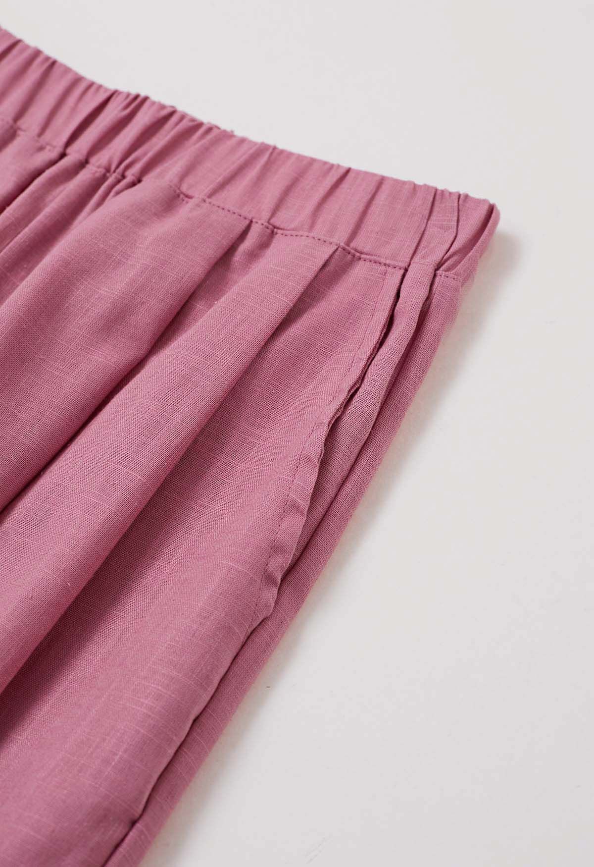 Pantalones anchos de mezcla de lino con bolsillo lateral en rosa