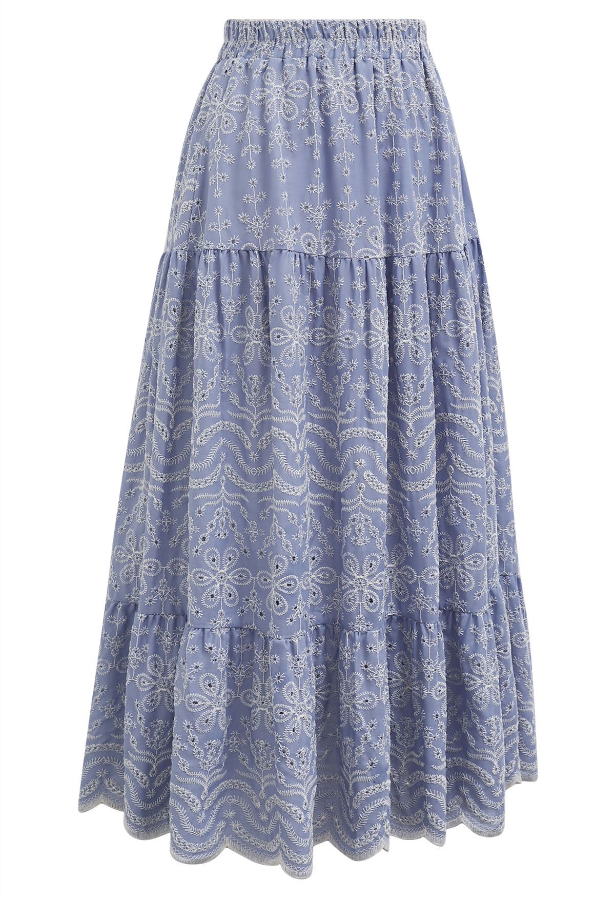 Elegante falda midi floral bordada azul