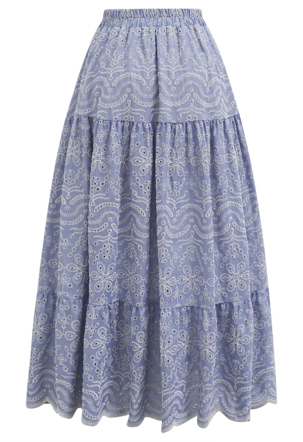 Elegante falda midi floral bordada azul