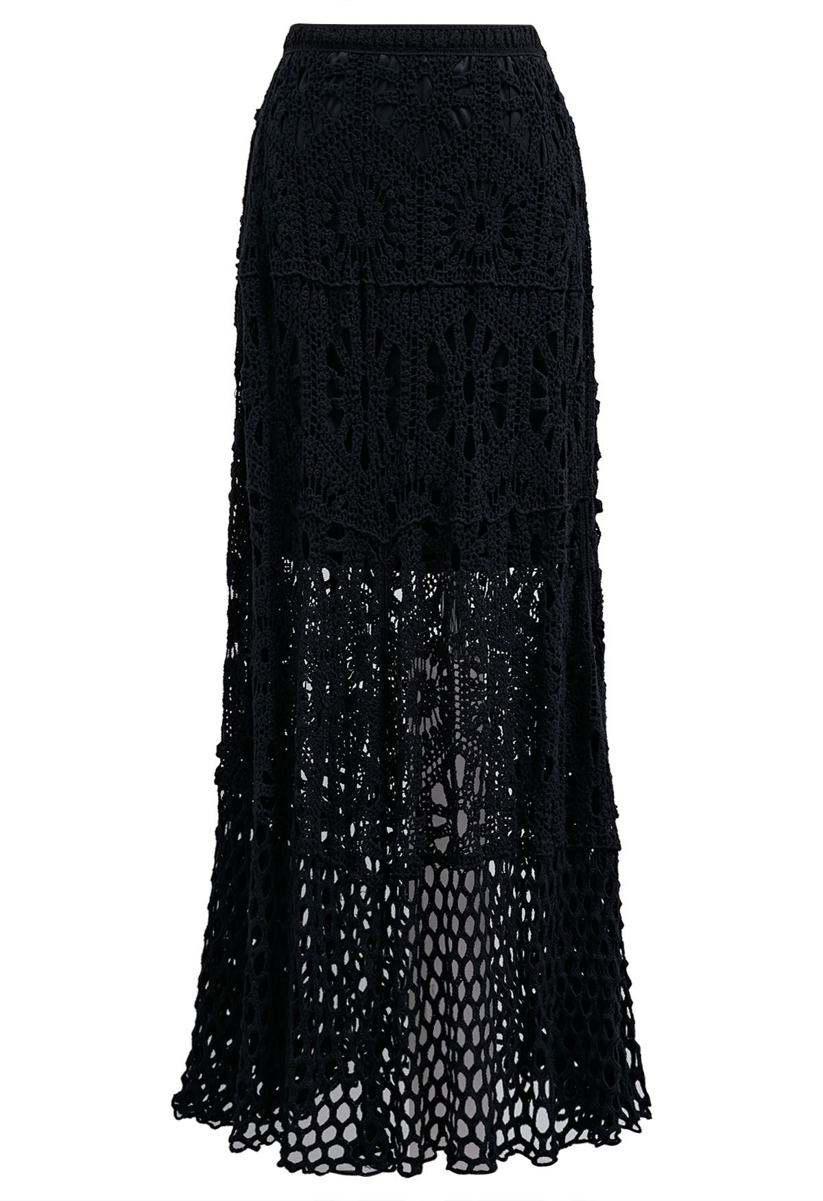 Falda larga de crochet con calado bohemio en negro