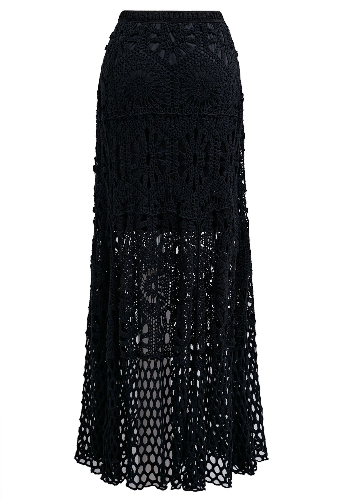 Falda larga de crochet con calado bohemio en negro