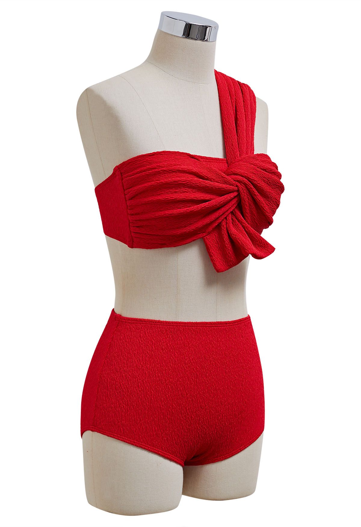 Conjunto de bikini con textura anudada de un solo hombro en rojo