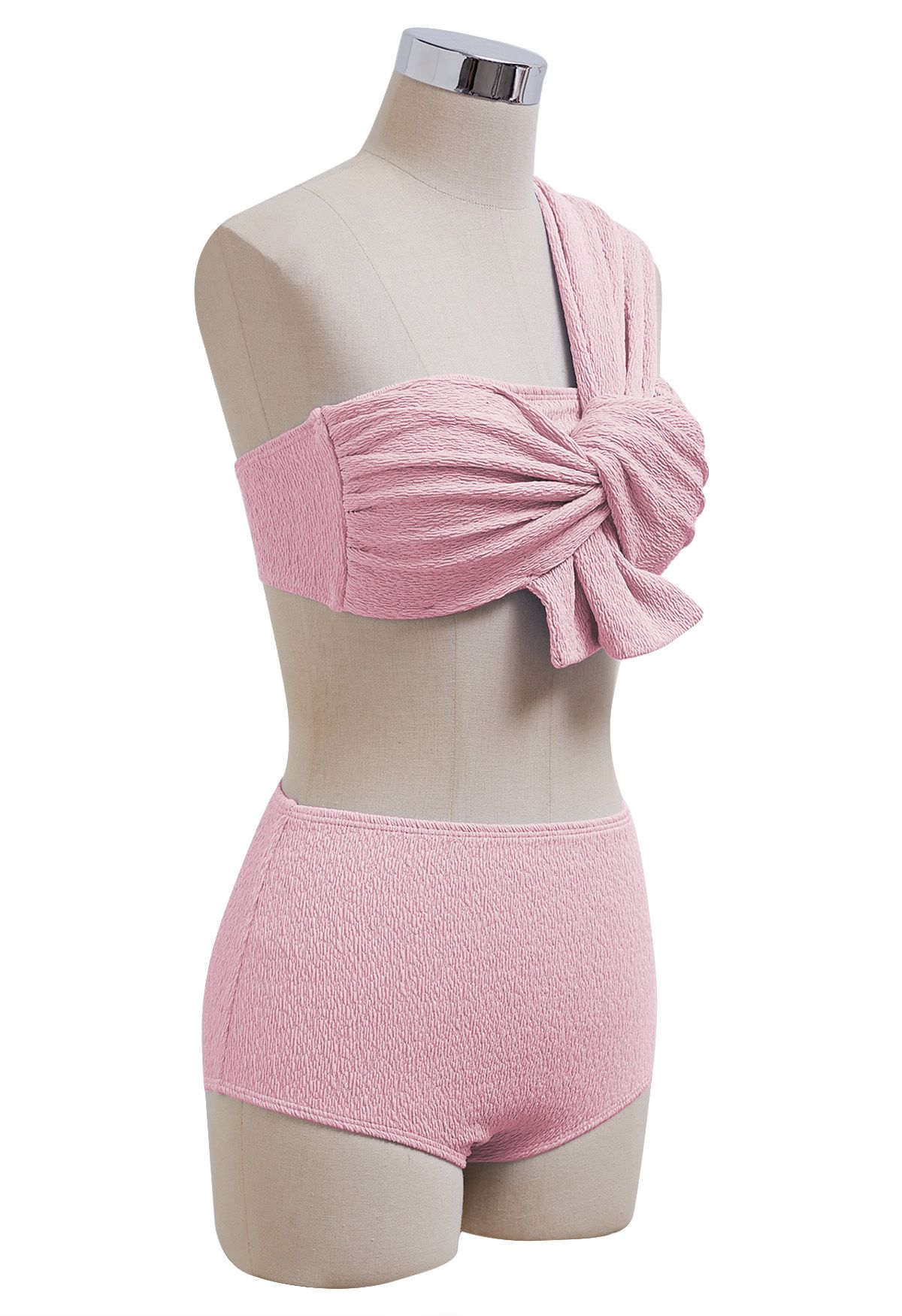 Conjunto de bikini con textura anudada de un solo hombro en rosa