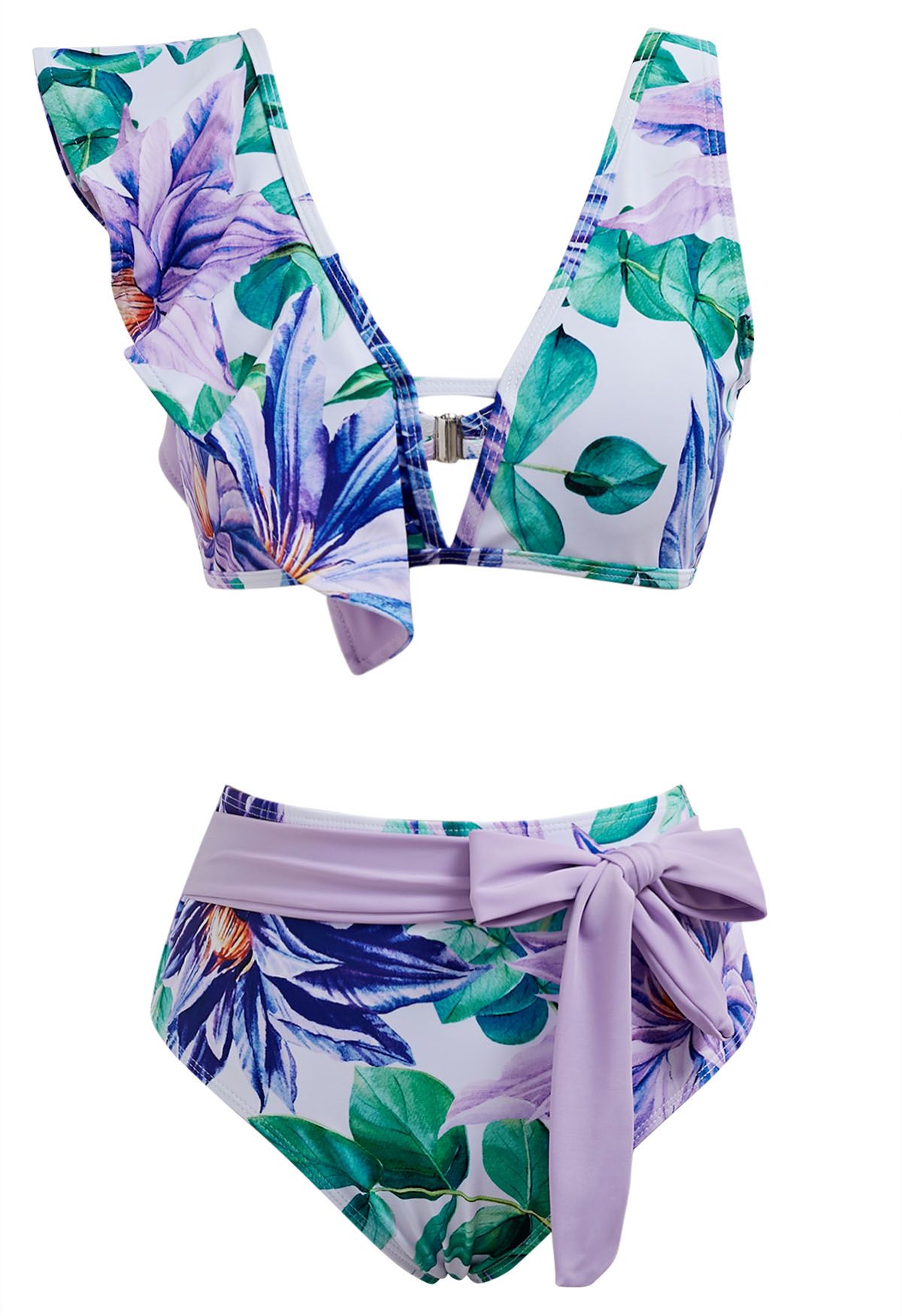 Conjunto de bikini con volantes y estampado floral morado